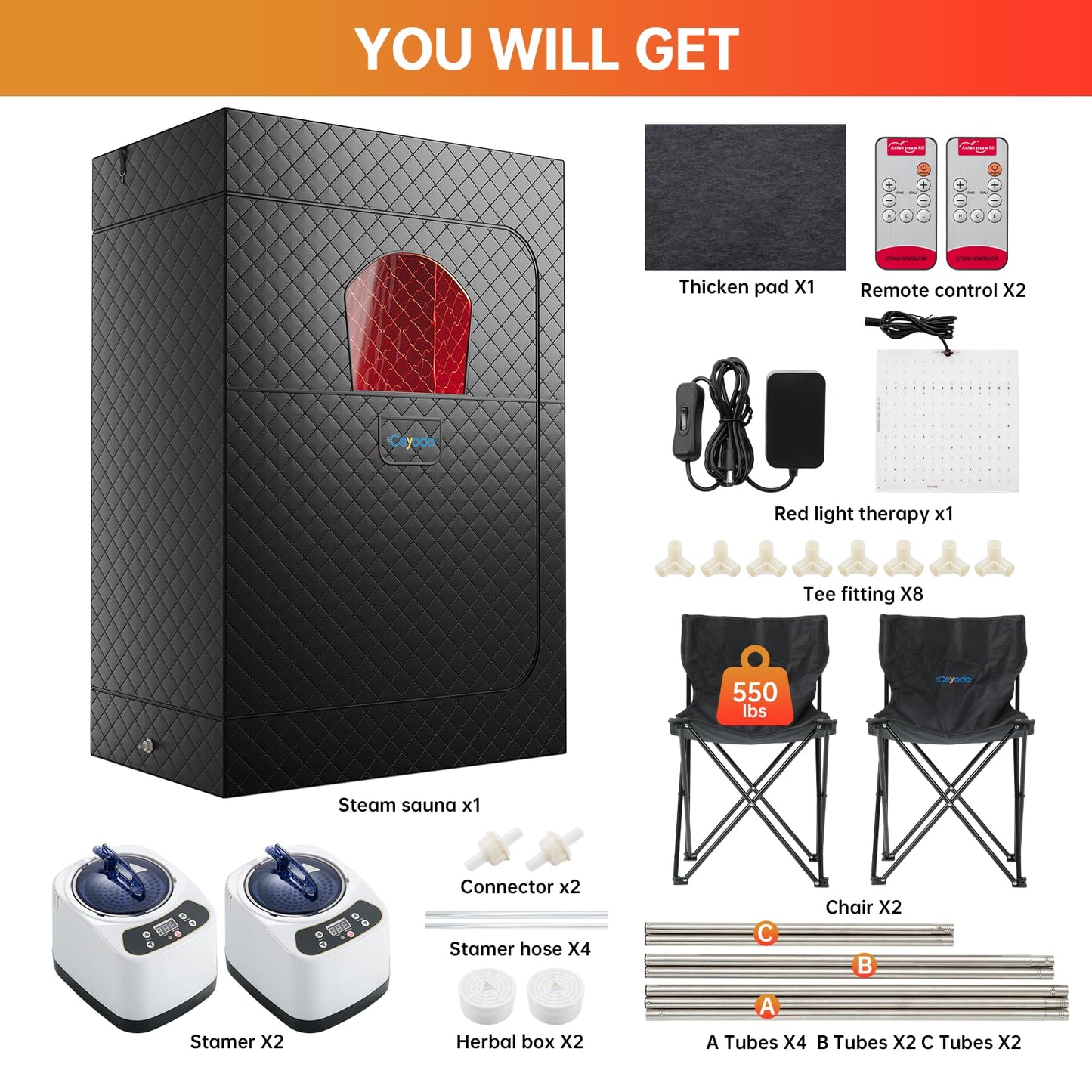 Upgraded 2 Person Infrared Sauna Box, 77”x 37”x 50” Portable Sauna with 660nm Red Light Therapy & 850nm,5-Layer Waterproof, 2 Steamers,2 Folding Chairs for Home Sauna (2 Person Infrared Sauna Box)