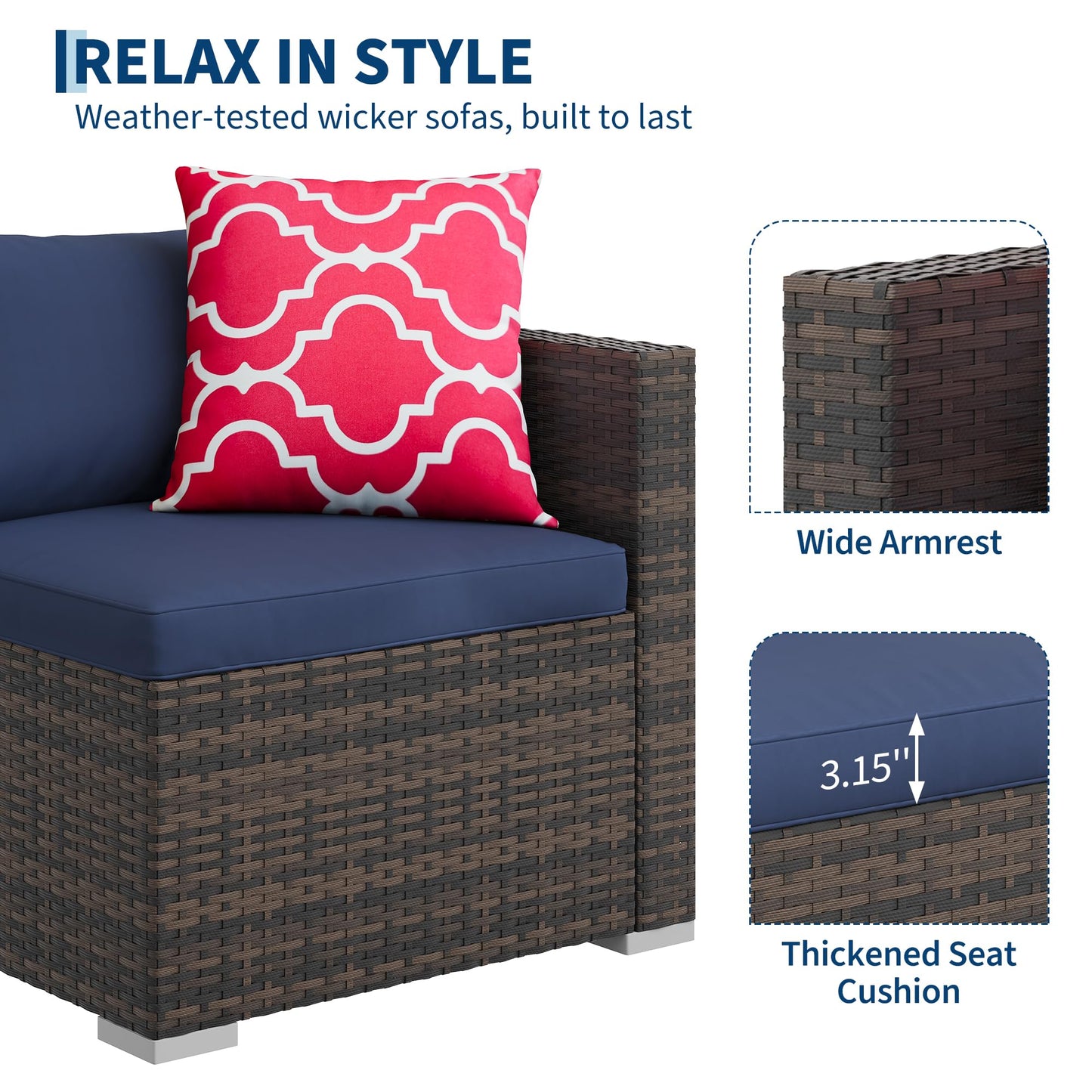 GarveeLife 5 Pieces Patio Furniture Set, Outdoor Sectional Sofa, All-Weather Wicker Conversation Set with Ottoman & Glass Coffee Table, Rattan Couch Seating for Garden, Backyard, Poolside, Navy Blue