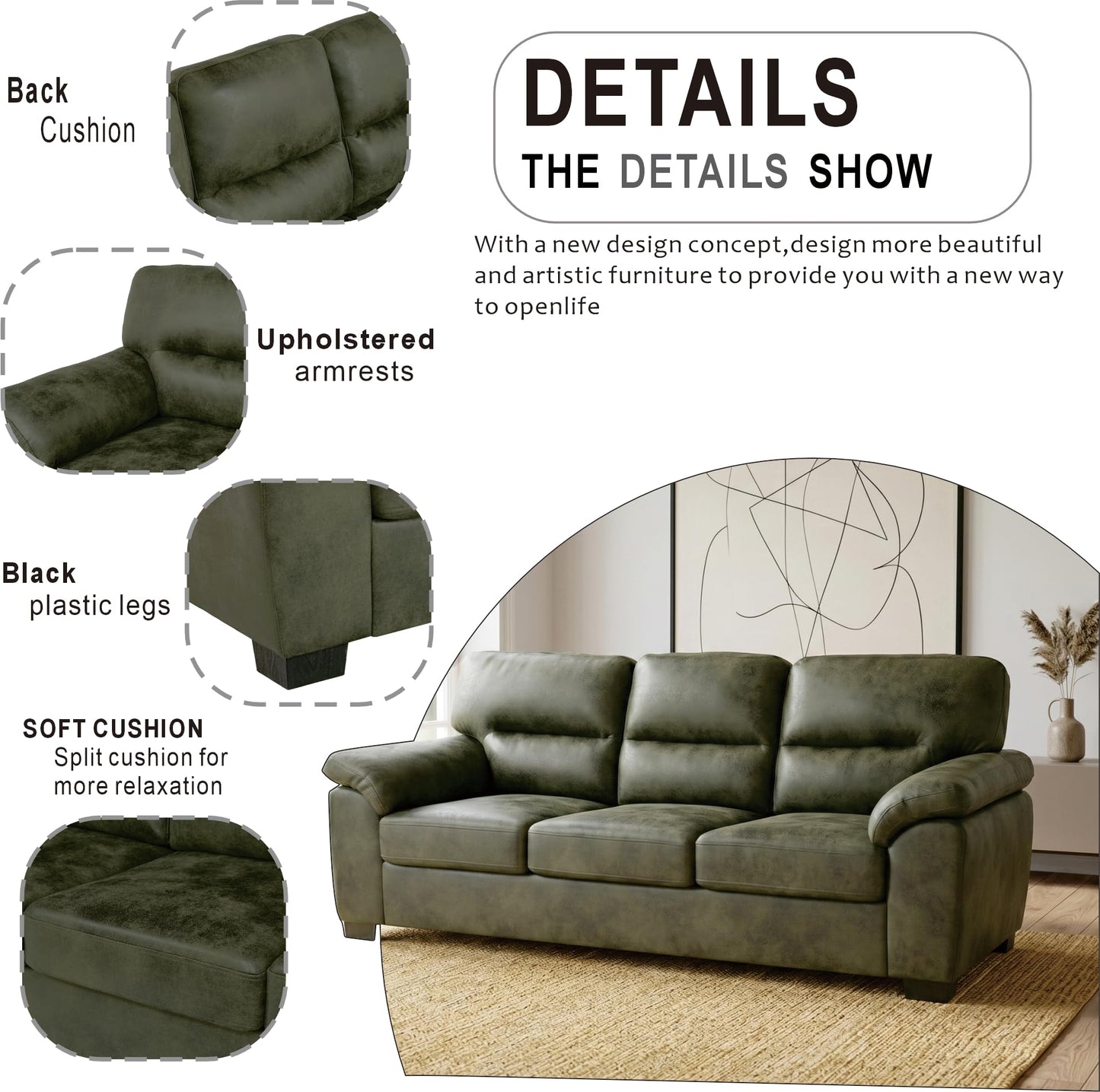 Eafurn Mid-Century Modern 3-Seater Loveseat Sofa Couch with Sturdy Wood Frame & Cushioned Armrests, 81" Compact Faux Leather Settee Furniture for Living Room, Apartment, Office