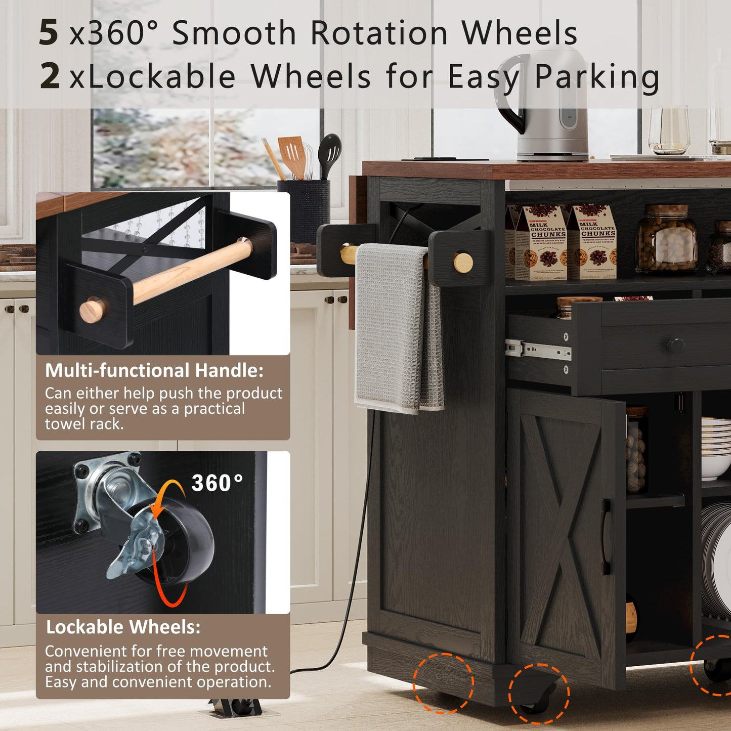 Merax Farmhouse Rolling Kitchen Island on Wheels with Drop Leaf & Power Outlet, Wood Kitchen Cart on Wheels with Drape of Beads, 3 Drawers & Adjustable Iron Shelves, 46.5'' Wide, Black