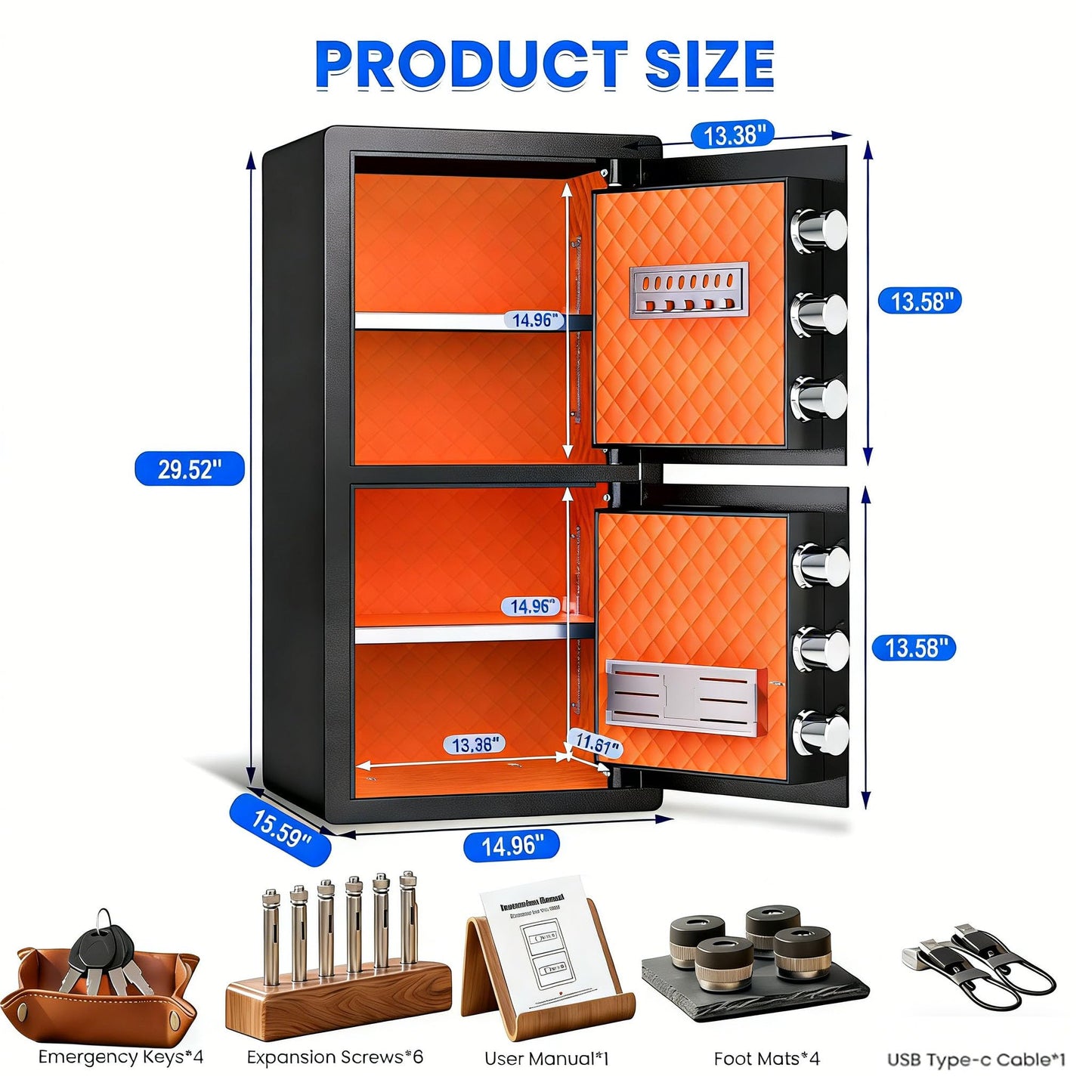 Riflewell 7.0 Cubic Ft Fireproof Waterproof Safe Box, Heavy Duty 2-Door Home Security Safe with Fingerprint Lock & Alarm System, Safe for Documents, Cash, Pistols and Valuables