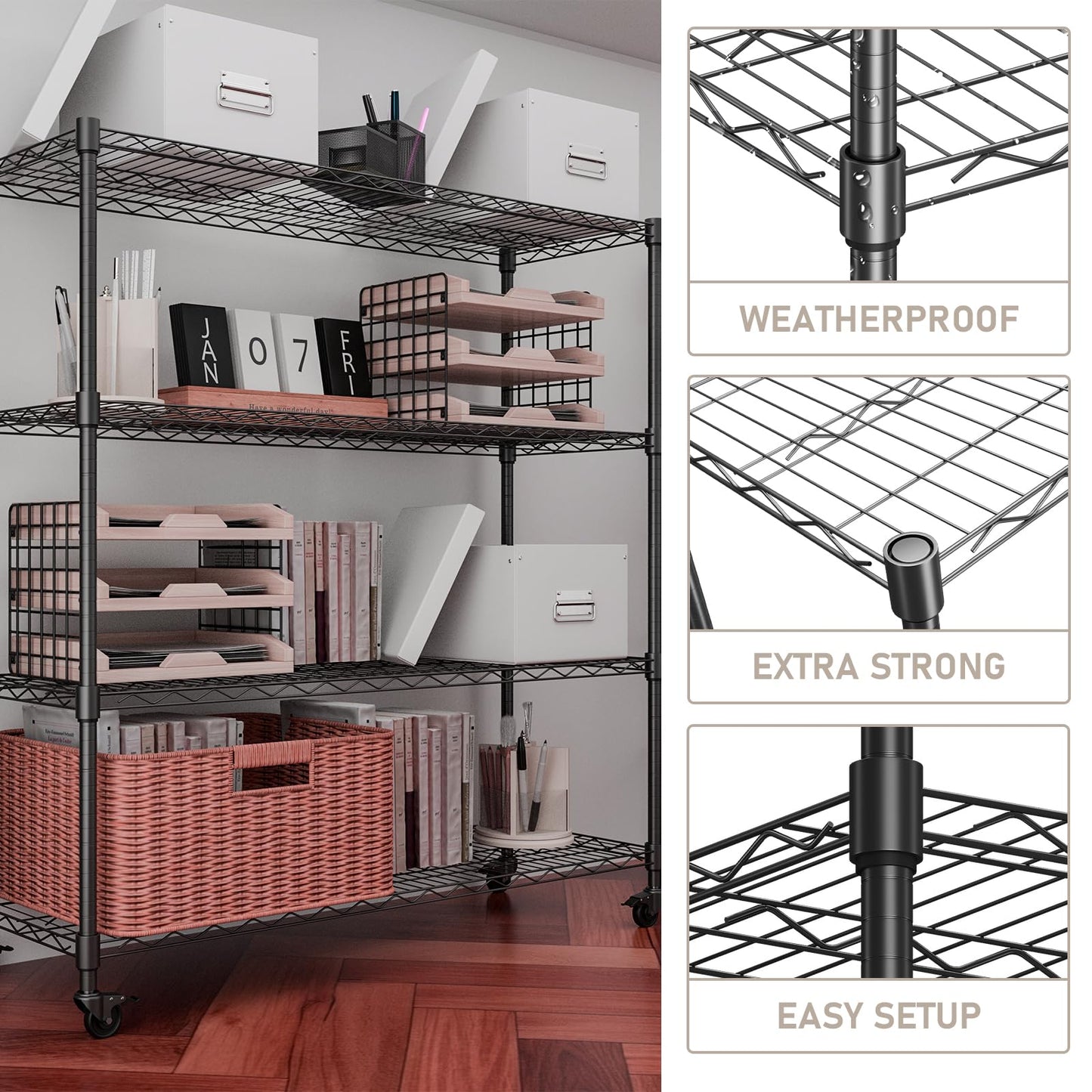 ZUIWAN 62.56" H x 59" W x 20" D Heavy Duty Metal Storage Rack with Wheels - Adjustable Wire Shelving Unit for Kitchen, Pantry, Garage & Commercial Use