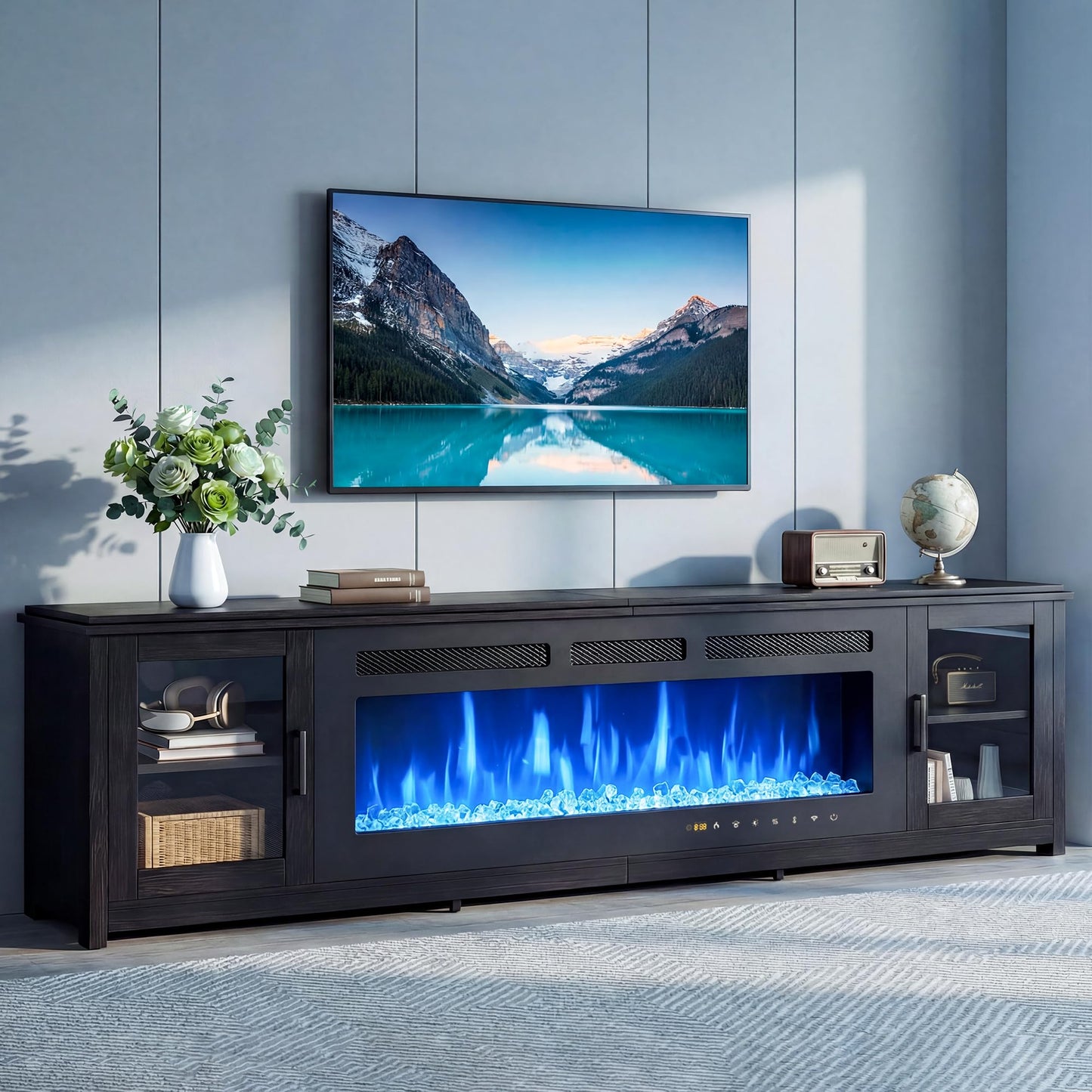 MXV 90" Fireplace TV Stand, Modern Entertainment Center with 60 Inch Electric Fireplace, Adjustable Shelf & Glass Door, Fire Place with WI-FI Enabled, TV Console for Living Room, Black