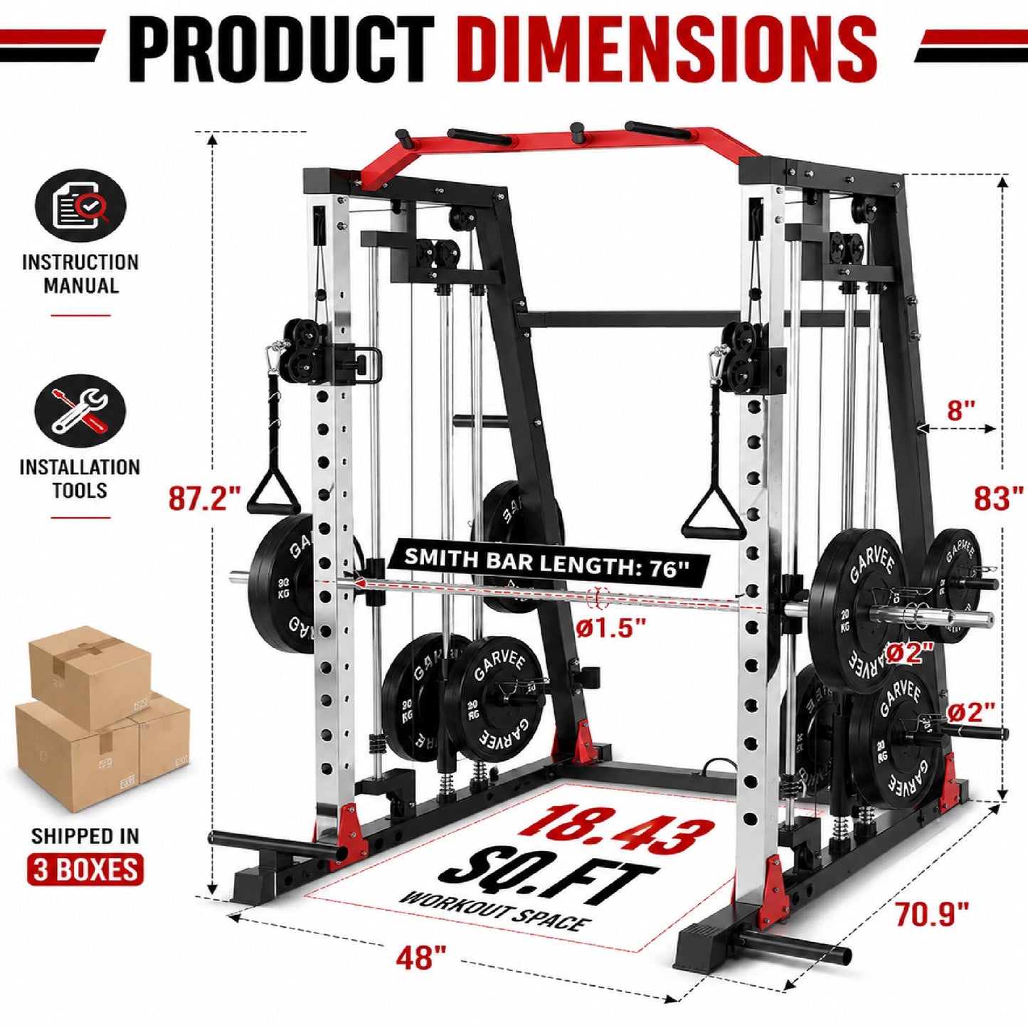 Smith Machine, 2000LBS Power Cage with Cable Crossover System, Squat Rack with Smith Bar, All-in-One Home Gym System, Dual Independent Pulley,LAT Pulldown,Pull-Up Bar, Landmine, J Hooks