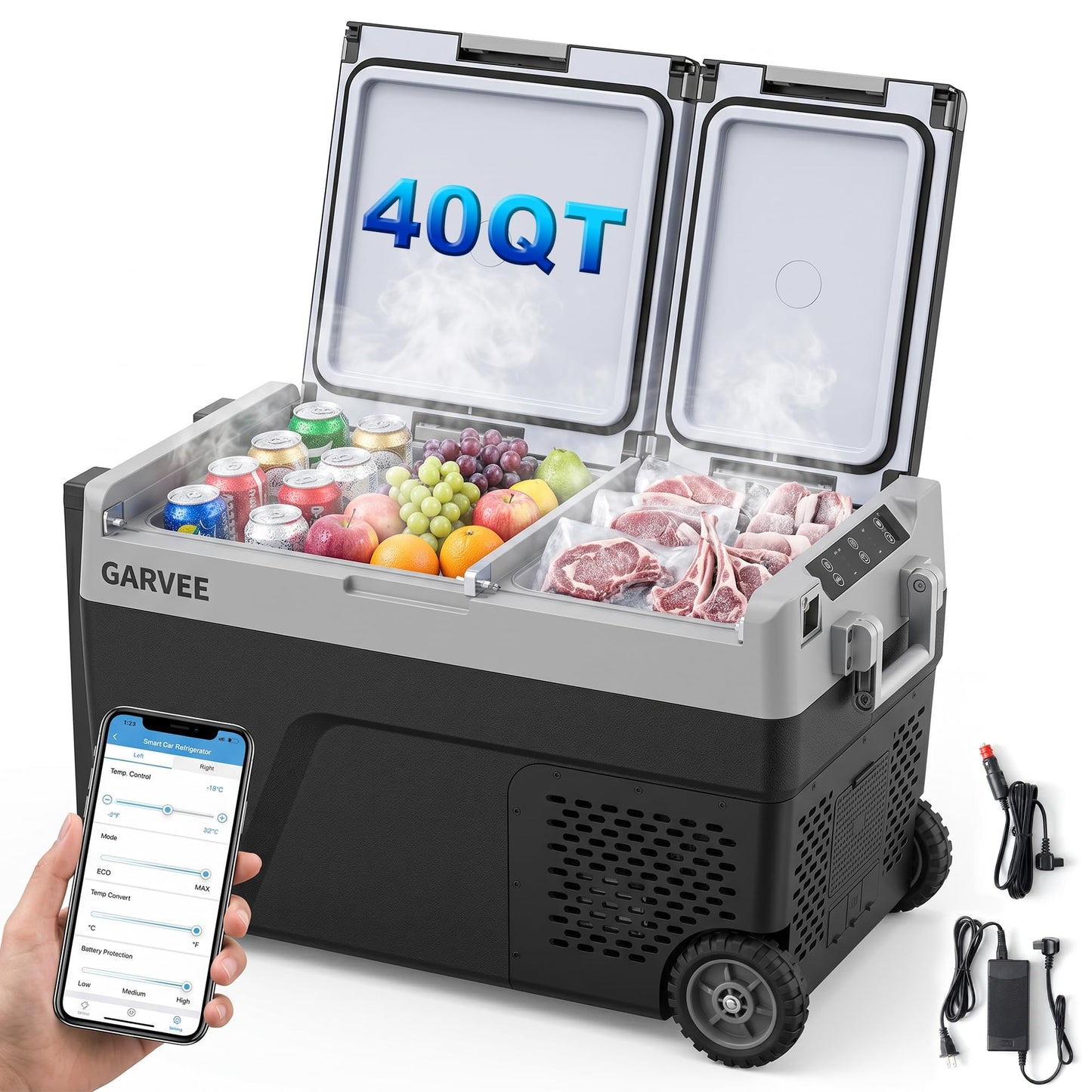Garvee 40QT(38L) Car Refrigerator,12/24V DC & 100-240V AC Compressor Electric Cooler,Dual Zone,APP Control,-4℉-68℉,Portable Refrigerator with Wheels for Outdoor Camping,Travel Vehicles Home Use