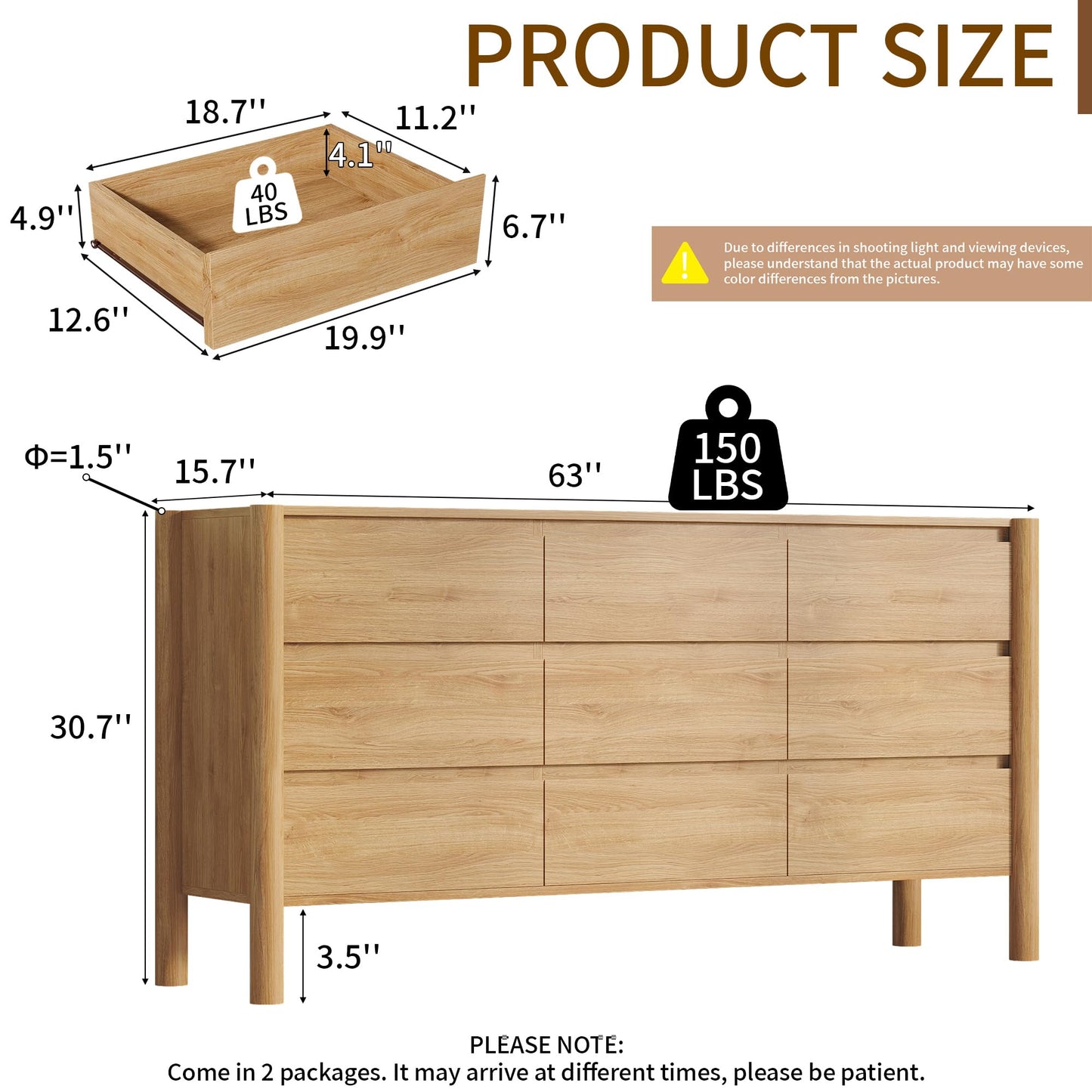 CHUWELL 63" Wide Oak Dresser for Bedroom, Mid Century Modern 9 Drawer Chest of Drawers with Hidden Handles & 4 Solid Wood Cylindrical Legs, Large Wood Storage Dresser for Bedroom
