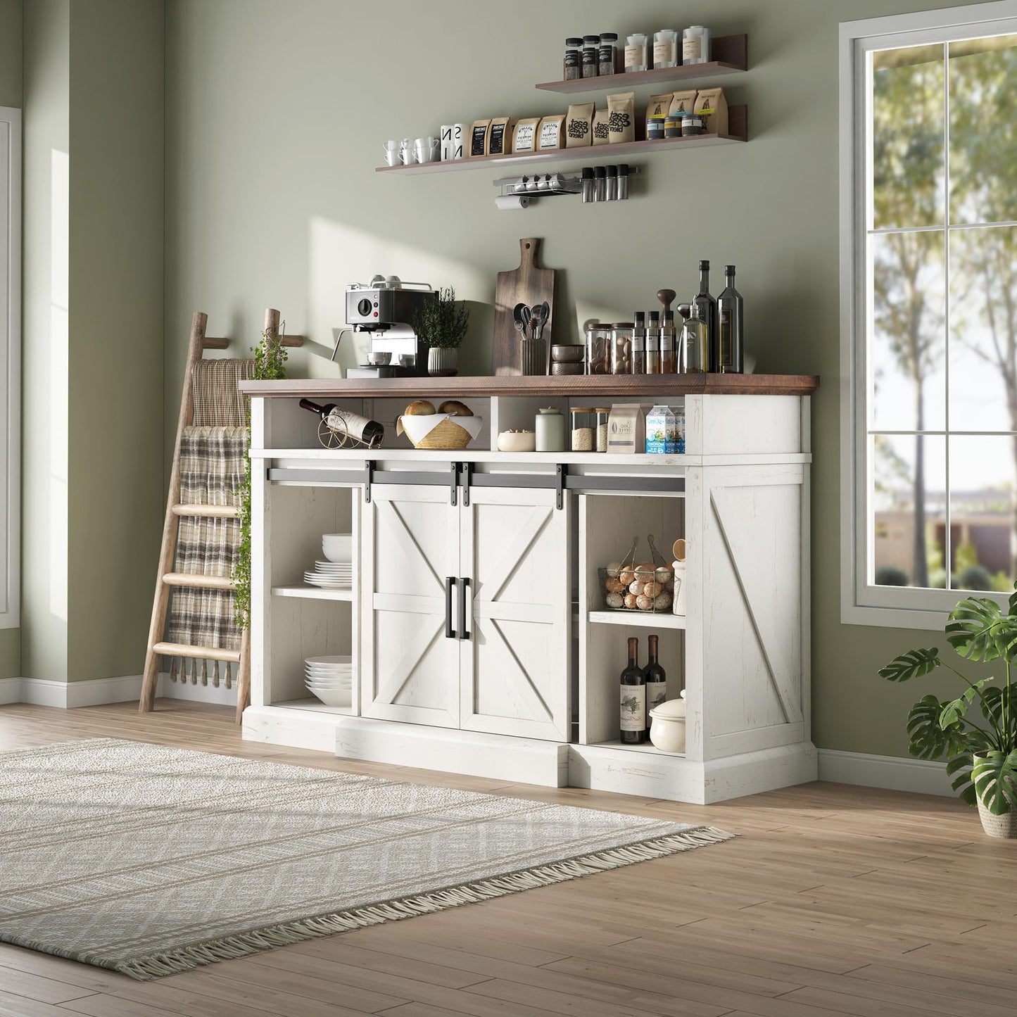 AMERLIFE 66" W Farmhouse TV Stand, Wood 40" H Tall Entertainment Center with Sliding Barn Door & Large Storage Shelves, Rustic Media Console for TVs up to 75", Distressed White