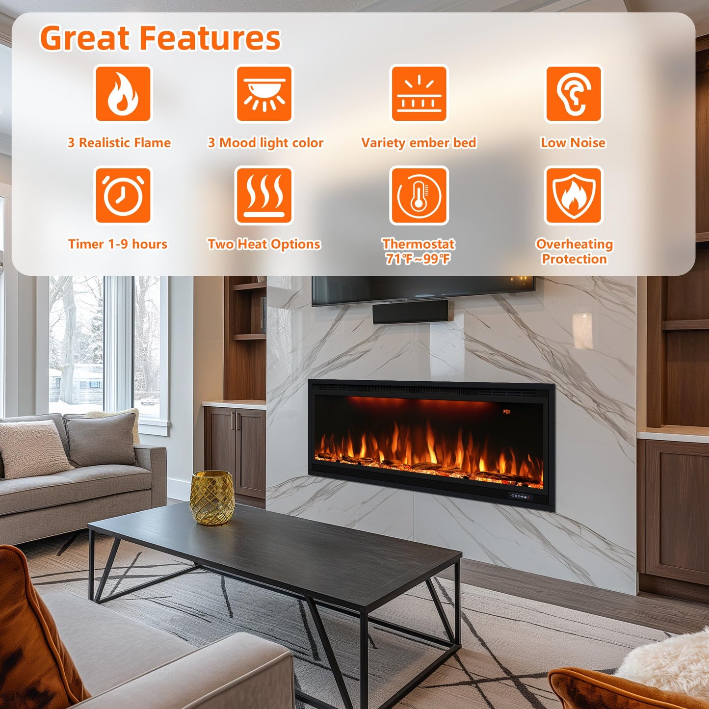 42 inch Smart Electric Fireplace WiFi-Enabled, Recessed &Wall Mounted Fireplace Inserts, Multicolor Flame w/Realistic Log &Crystals, Thermostat& Overheating Protection,Timer, 750W/1500W, Black