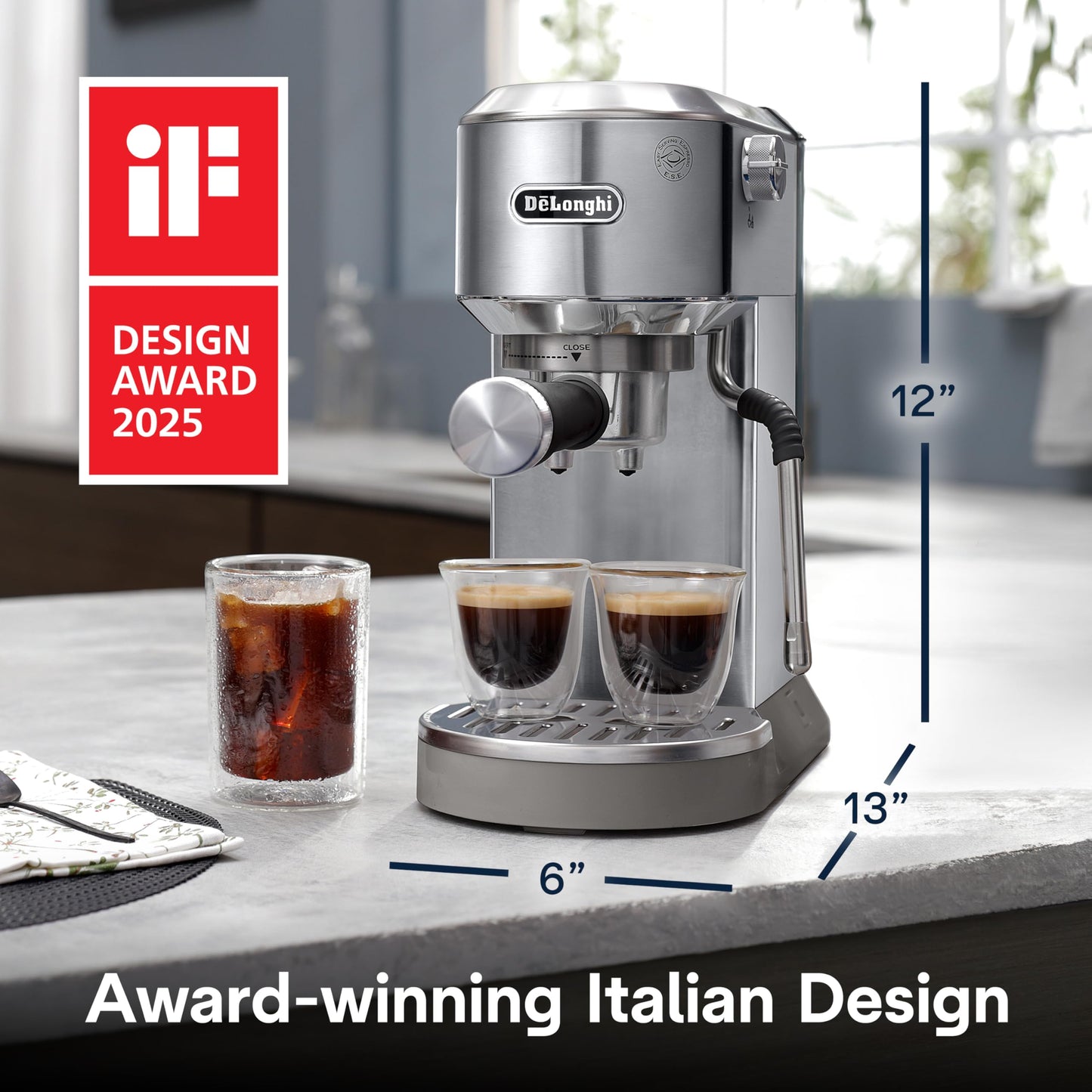 De'Longhi Dedica Duo Compact Espresso Machine - Cold Brew Coffee Maker with Milk Frother Wand- for Espresso, Hot & Iced Coffee, Cappuccinos, Lattes & Home Barista Brewing, Stainless Steel Finish