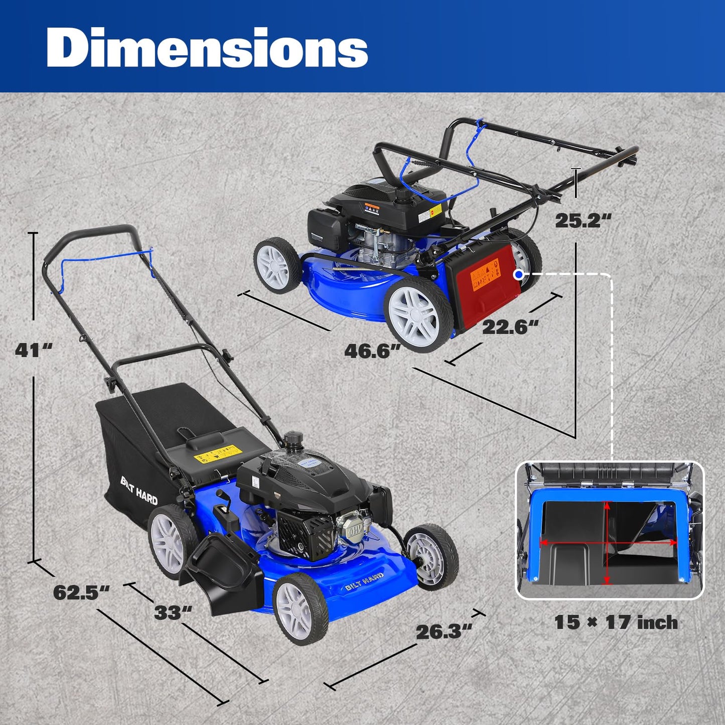 BILT HARD 21 Inch 201cc 4-Cycle Engine Push Lawn Mower, 3-in-1 Gas Lawn Mower with Bagging, Mulching and Side Discharge, Easy Start with Adjustable 8-Positions Cutting Height for Lawn, Yard, Garden