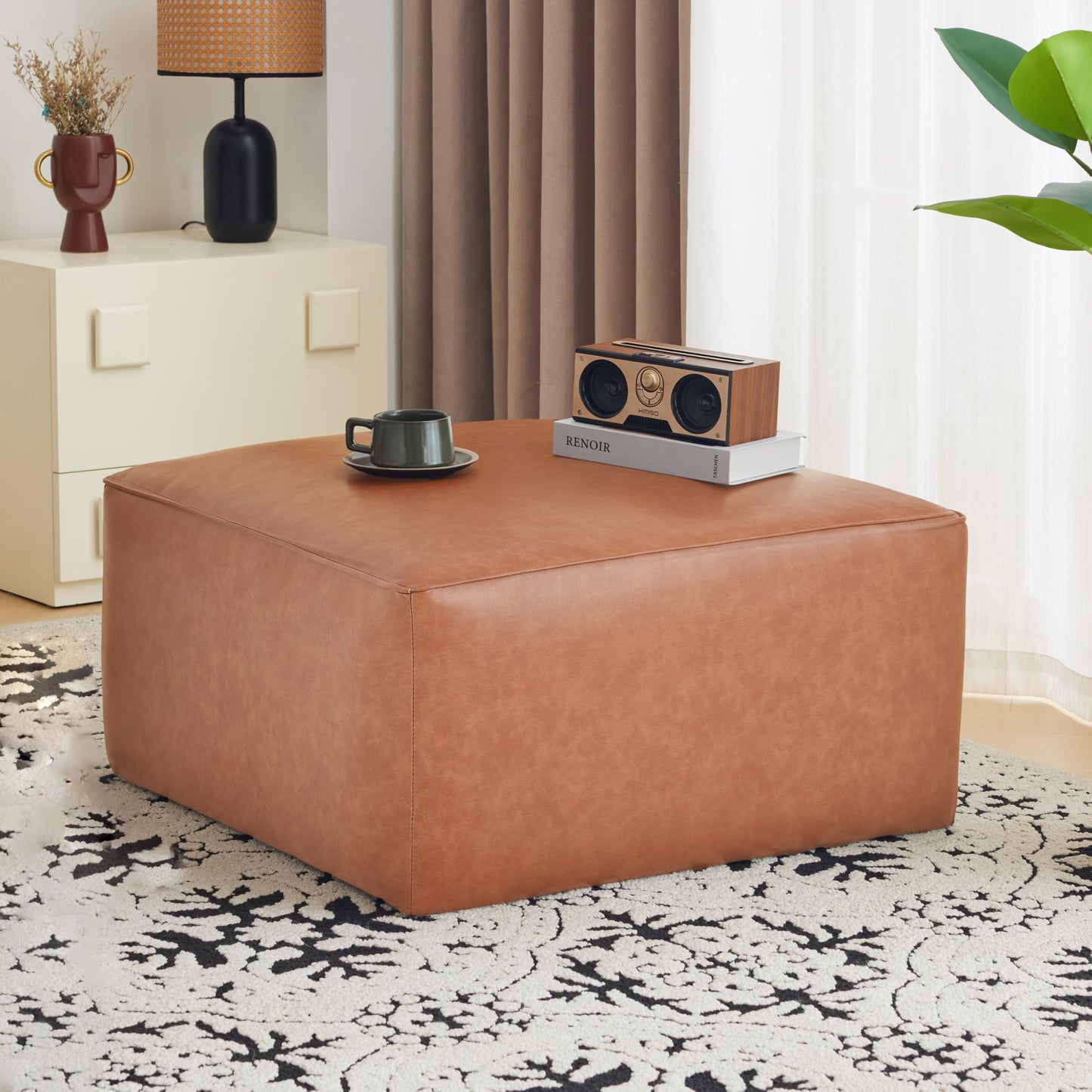 Merax 30" Square PU Leather Ottoman, Modern Sofa Foot Rest Faux Multifunctional Extra Seat, Side Table, Accent Piece Footstool for Living Room Bedroom,Brown+Tan