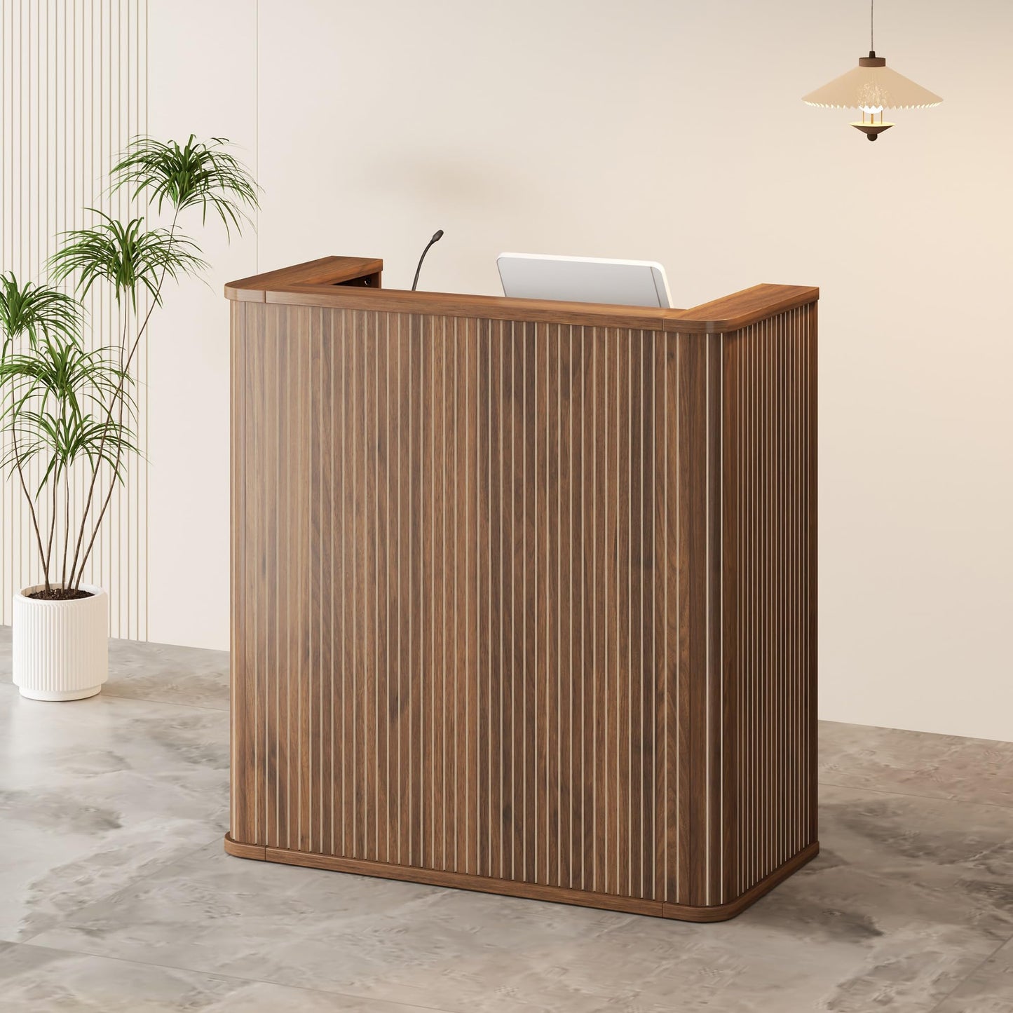 42.1 Inches Reception Desk,Fluted Round Corner Modern Reception Table,Front Counter Table,for Salons, Offices Lobbies Retail Stores and Home Offices (Walnut)