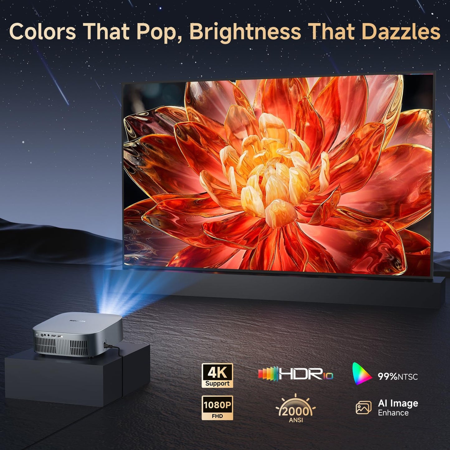Short Throw Projector 4K with WiFi and Bluetooth,2000ANSI Auto Focus Keystone Smart Projector Built in Apps Dolby Audio Home Theater Movie Portable Outdoor Projector Ceiling Gunmetal