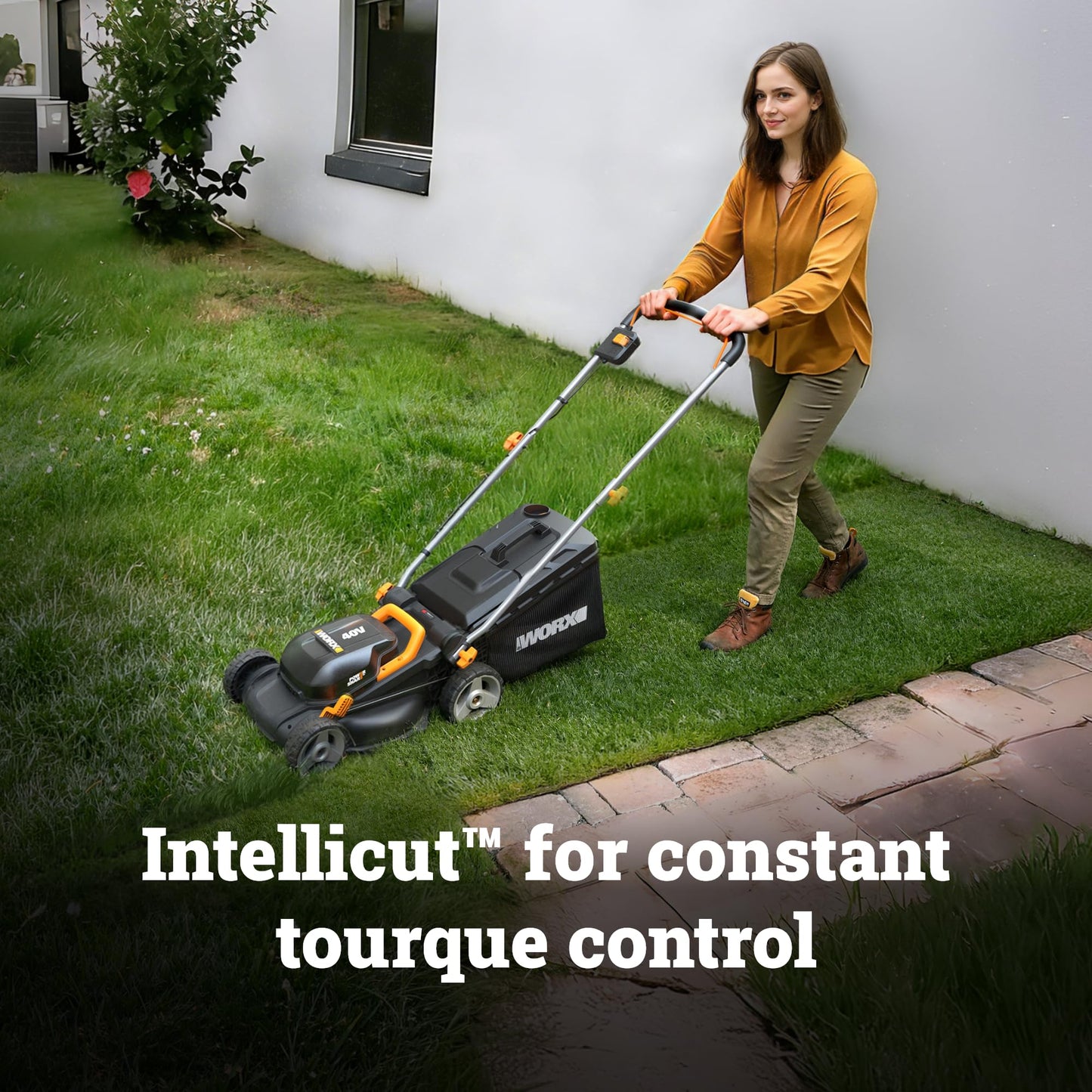 WORX Cordless Lawn Mower, 14" Electric Mower with Brushless Motor, Lightweight Push Lawn Mower with 6-Position Height Adjustment for Small Yards, 2 Batteries & Charger Included, WG735