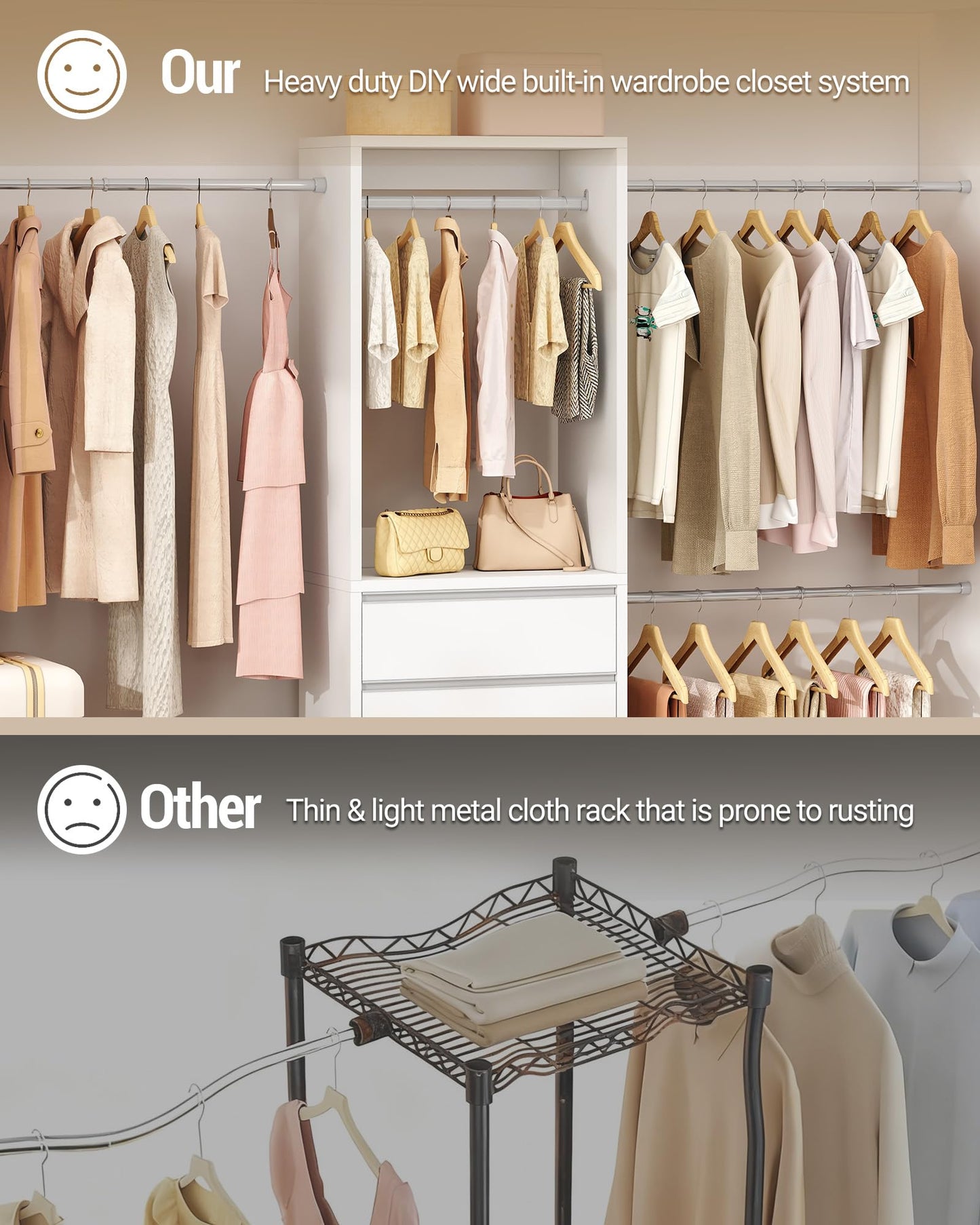 Hzuaneri Closet System with 2 Drawers, Walk-in Closet Organizer System Wooden Storage Systems with 4 Hang Rods & Shoe Cabinet, Fits Spaces 4-9.8FT, Wardrobe Clothes Rack Garment Rack, White MC00103E