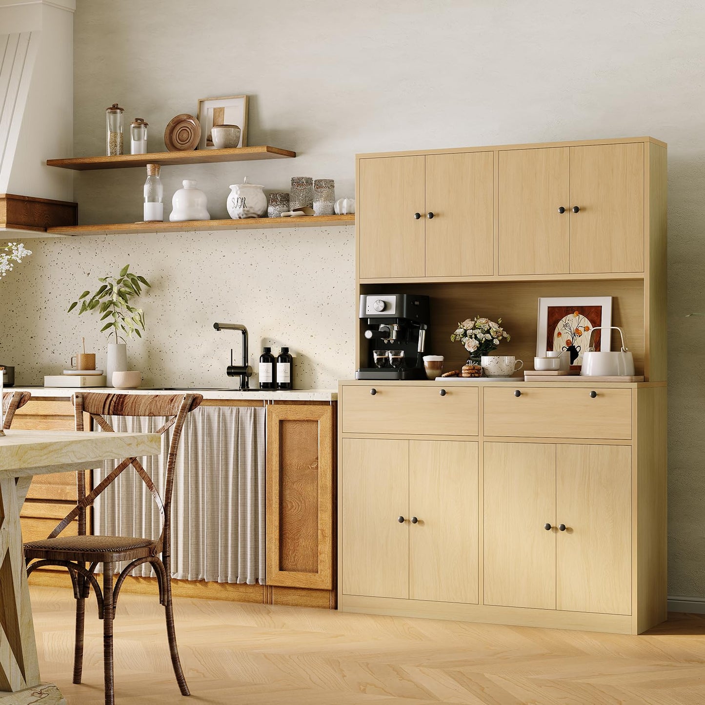 GarveeHome 71" Tall Kitchen Pantry Cabinet with Charing Station | 2 Drawers, 47" w Kitchen Pantry Storage Cabinet with Countertop, Food Hutch with Microwave Stand for Dining Room Living Room