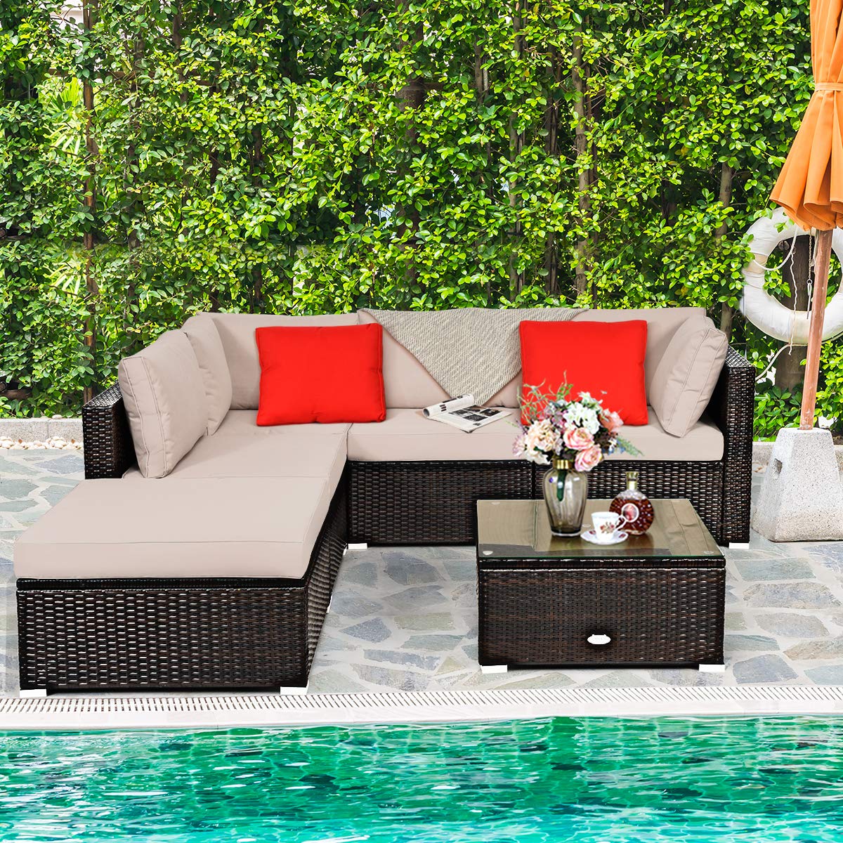 COSTWAY 6-Piece Outdoor Patio Furniture Set, Rattan Sectional Sofa Set with Tempered Glass Coffee Table, Cushions and Ottoman for Garden, Deck, Backyard (Beige)