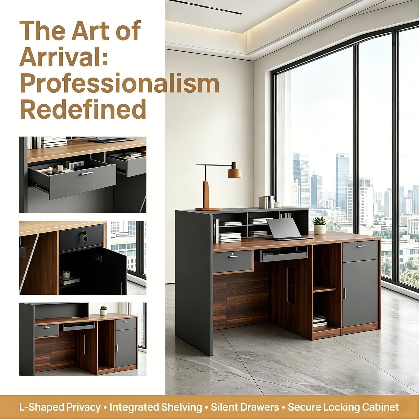 ansespl L Shaped Reception Desk with Counter,63/71inch Reception Room Table with Lockable Drawers & Keyboard Tray, for Office, Salon, Hotel & Clinic (Walnut/Slate Gray, 71" L x 23.6" W x 39.4" H)