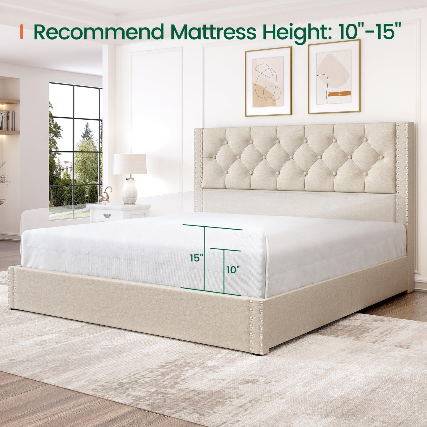 LARMACE Queen Size Bed Frame with 4 Storage Drawers and Tufted Headboard Linen Upholstered Platform Bed Frame with Heavy Duty Wood Slats, No Box Spring Needed, Easy Assembly, Beige