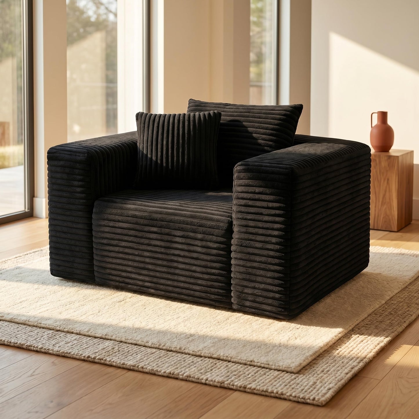Trygoal Boneless Single Sofa Chair for Adult, Corduroy Cloud Lounge Chair with 2 Pillows & Wide Armrests, High-Density Foam Reading Couches for Living Room & Office, No Assembly Required, Black