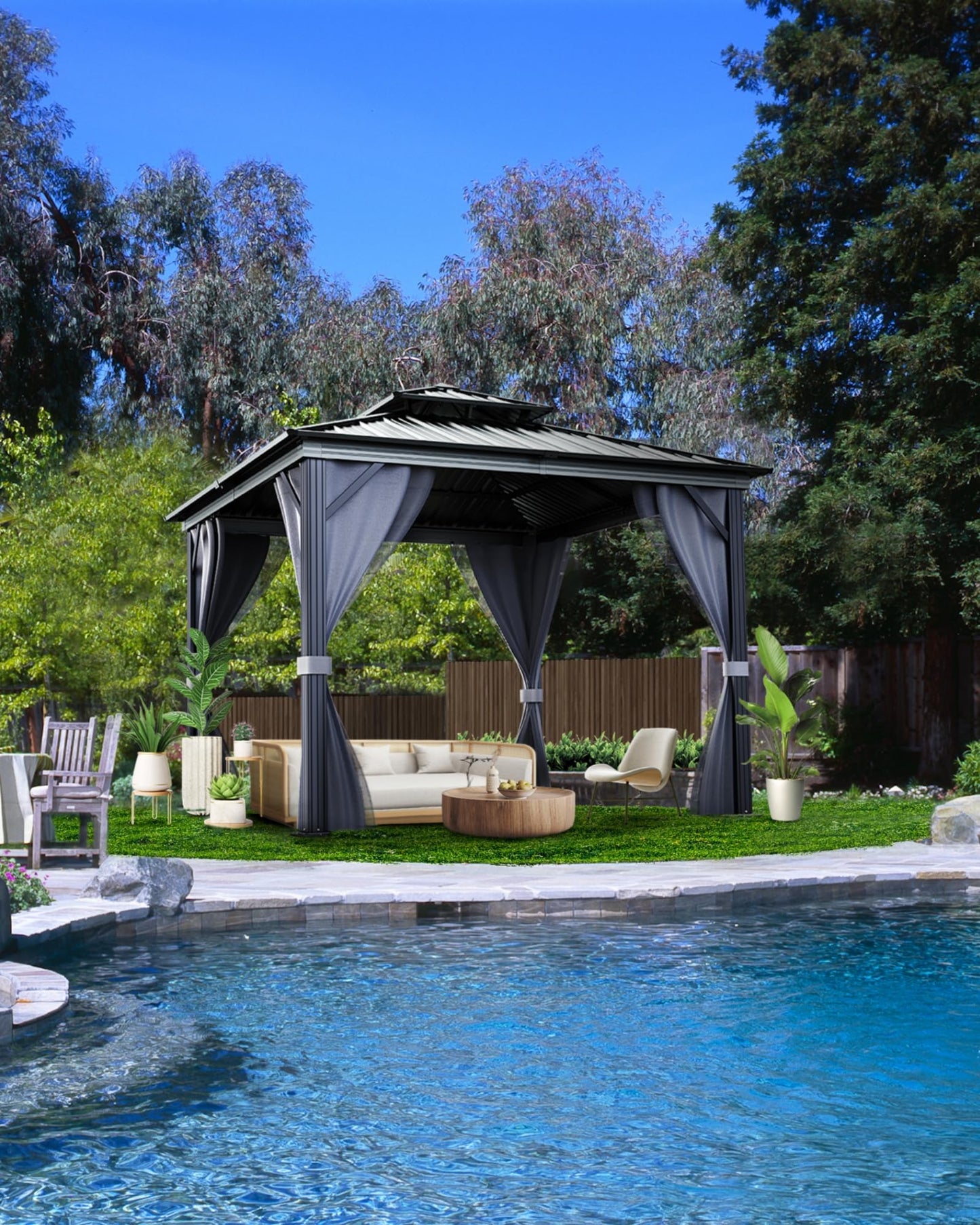 GarveeHome Outdoor Gazebo 10x10 Hardtop, Permanent Pavilion with Aluminum Frame, Double Roof, Mosquito Net & Privacy Curtains. Ideal Canopy Tent for Patio, Garden, Deck.Carpa para Patio for Parties