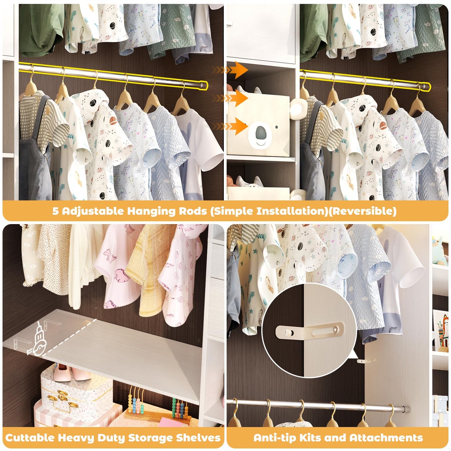Besiost Closet System - 5-8FT Closet Organizer System with Wooden Drawers & Cube Storage Organizer, Up To 96" Closet Systems for Nursery & Walk-In Closets with Cuttable Hanging Shelving, White