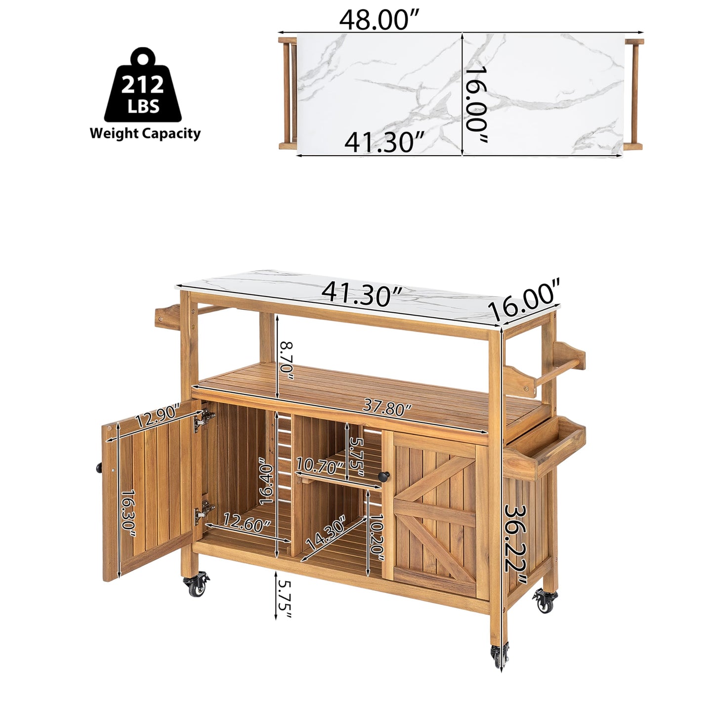 Merax Outdoor Patio Acacia Wood Bar Cart, Natural Finish with Marble-Effect Top, Lockable Wheels & Bottle Holders, Indoor-Outdoor Serving Cart