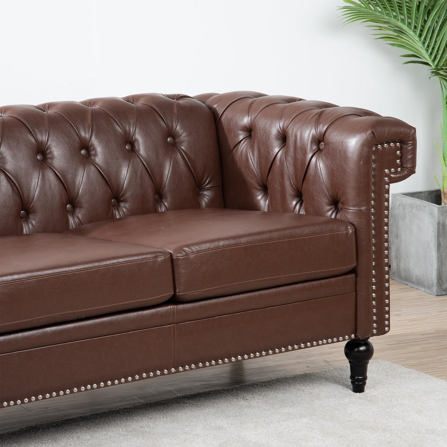 GDFStudio 84" Chesterfield Tufted Sofa Couch with Deep Seat Cushions, Rolled Arms & Gold Accent Strip, Midcentury Modern 3 Seater Upholstered PU Leather Sofa for Living Room, Dark Brown