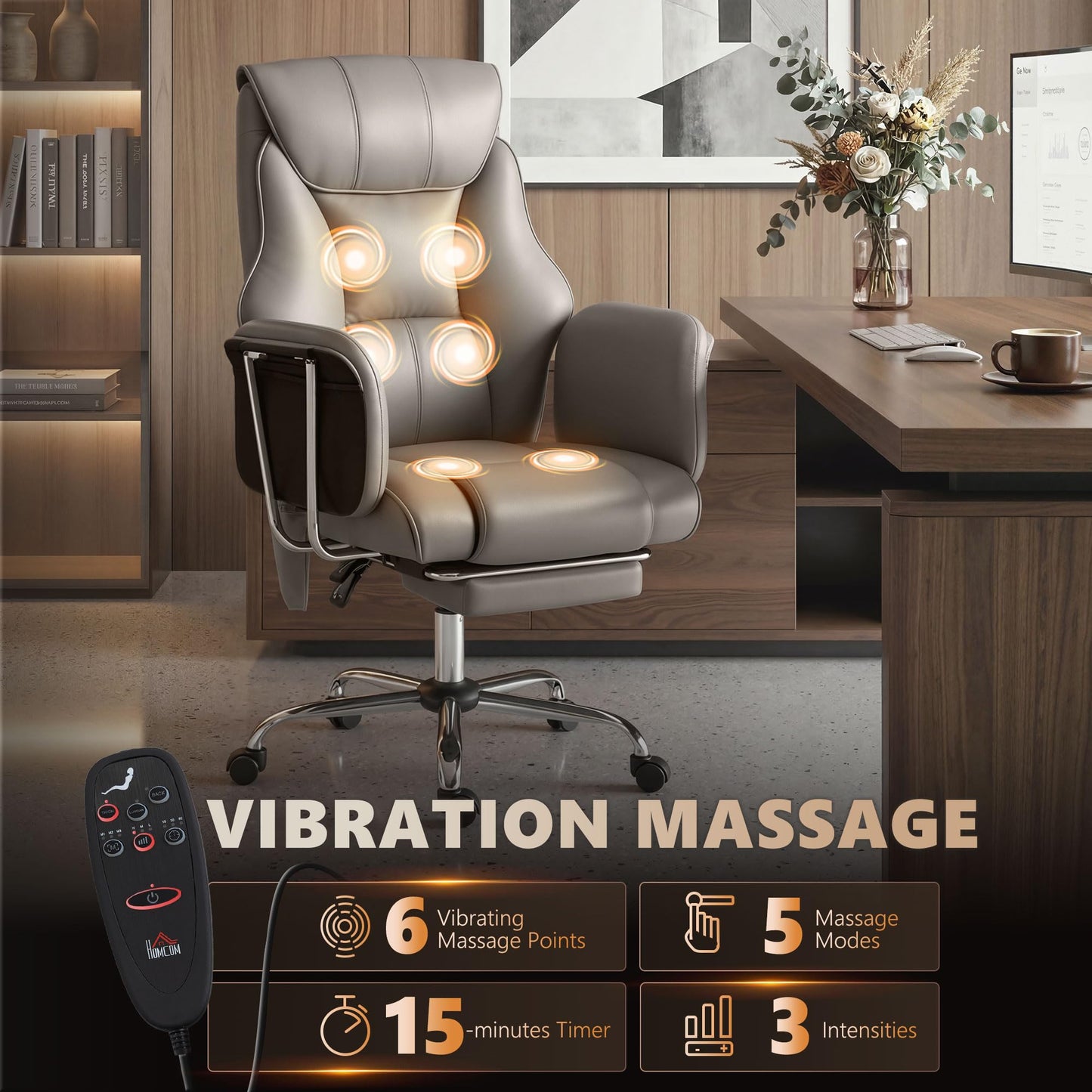 HOMCOM Massage Office Chair with 6-Point Vibration, Overstuffed Reclining Desk Chair with High Back, PU Leather, Footrest, Thick Spring Cushion, Lumbar Support, Grey