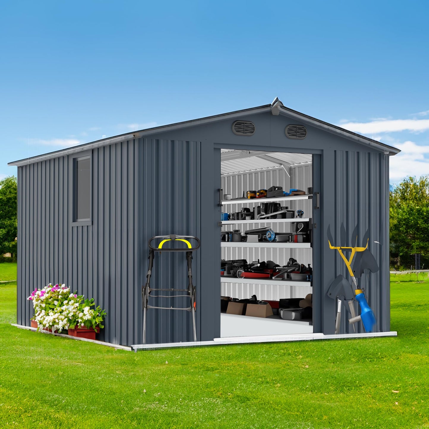 Zolyndo Outdoor Storage Shed 8x10 FT with Window - Metal Sheds & Outdoor Storage for Motorcycle, Bike, Garden Tool, Lawnmower - Backyard Tool Building with 1 Sliding Door, 4 Vents (Without Floor)