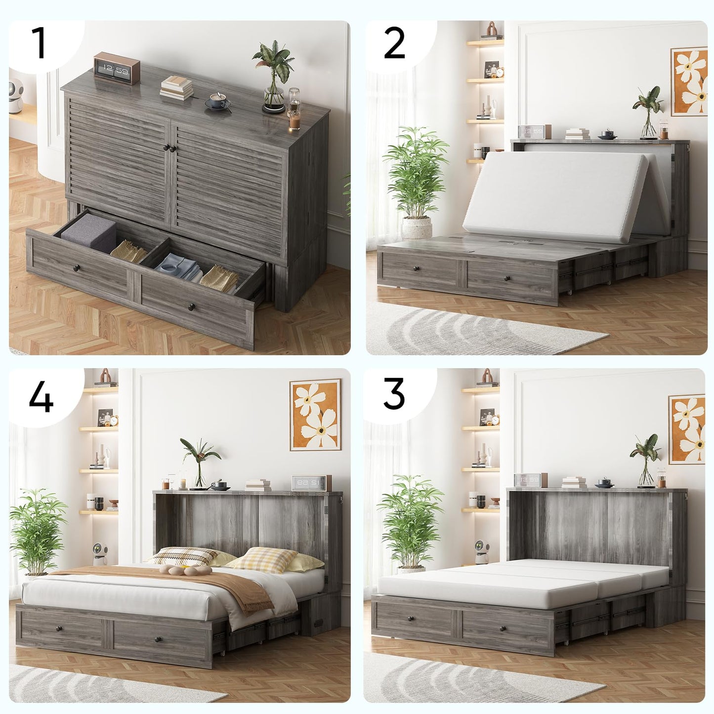 PUREMIND Queen Murphy Bed with Mattress Included, Murphy Bed Cabinet with Storage Drawer, Charging Station, Headboard, Space Saving Wall Beds for Guest Room
