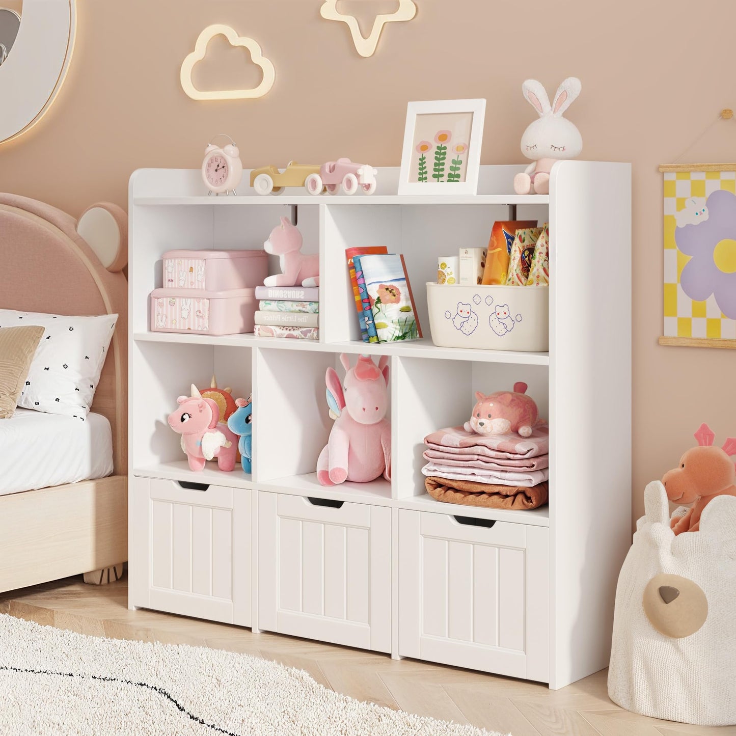 Gizoon Toy Storage Organizer with 3 Movable Drawers and 6 Open Shelves Kids Bookshelf Featuring Fall Prevention Barrier for Playroom Nursery Kids Room Organization, White, Painted