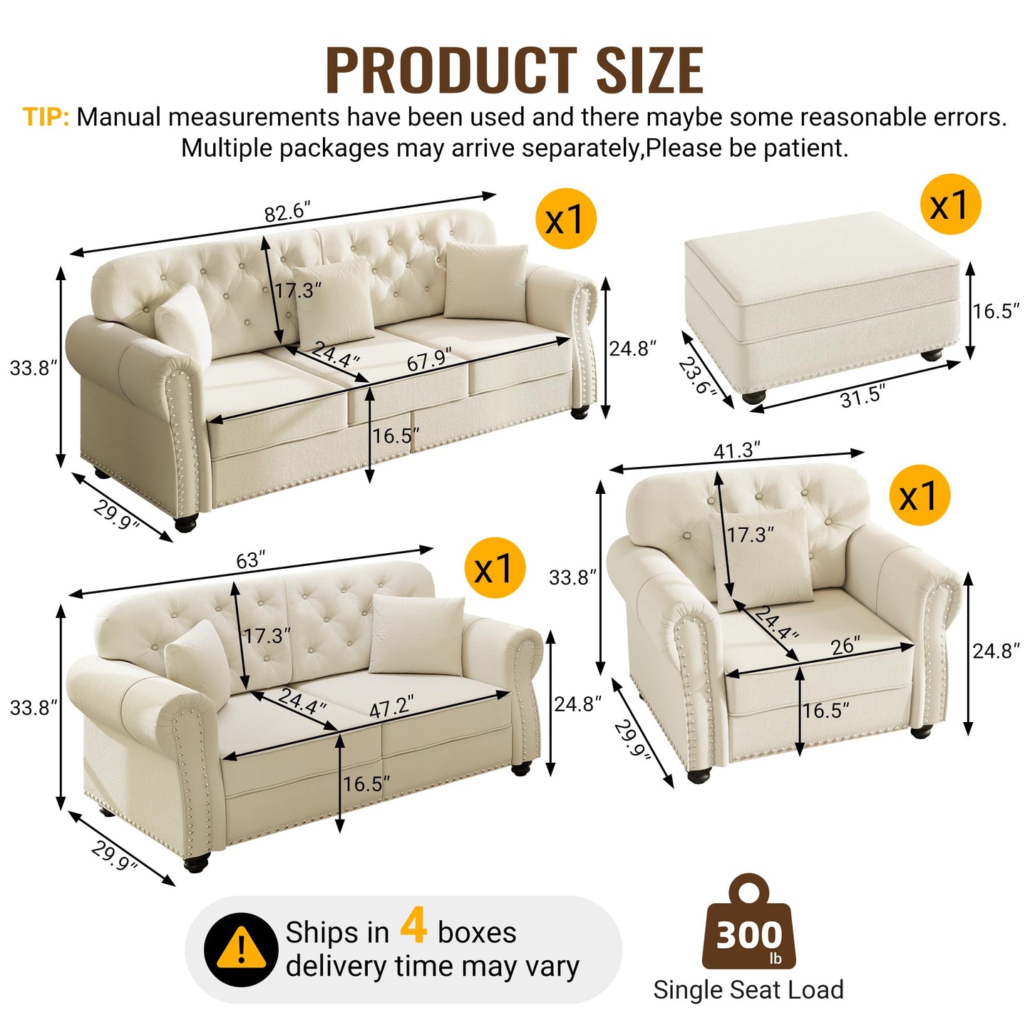 KEIKI 3-Piece Chesterfield Sofa Set with 1 Velvet 3-Seater Sofa & 1 Loveseat & 1 Single Sofa, 6-Seater Couch Set with Nailhead Trim & Rolled Arms & 1 Ottoman & 6 Pillow, for Living Room, White