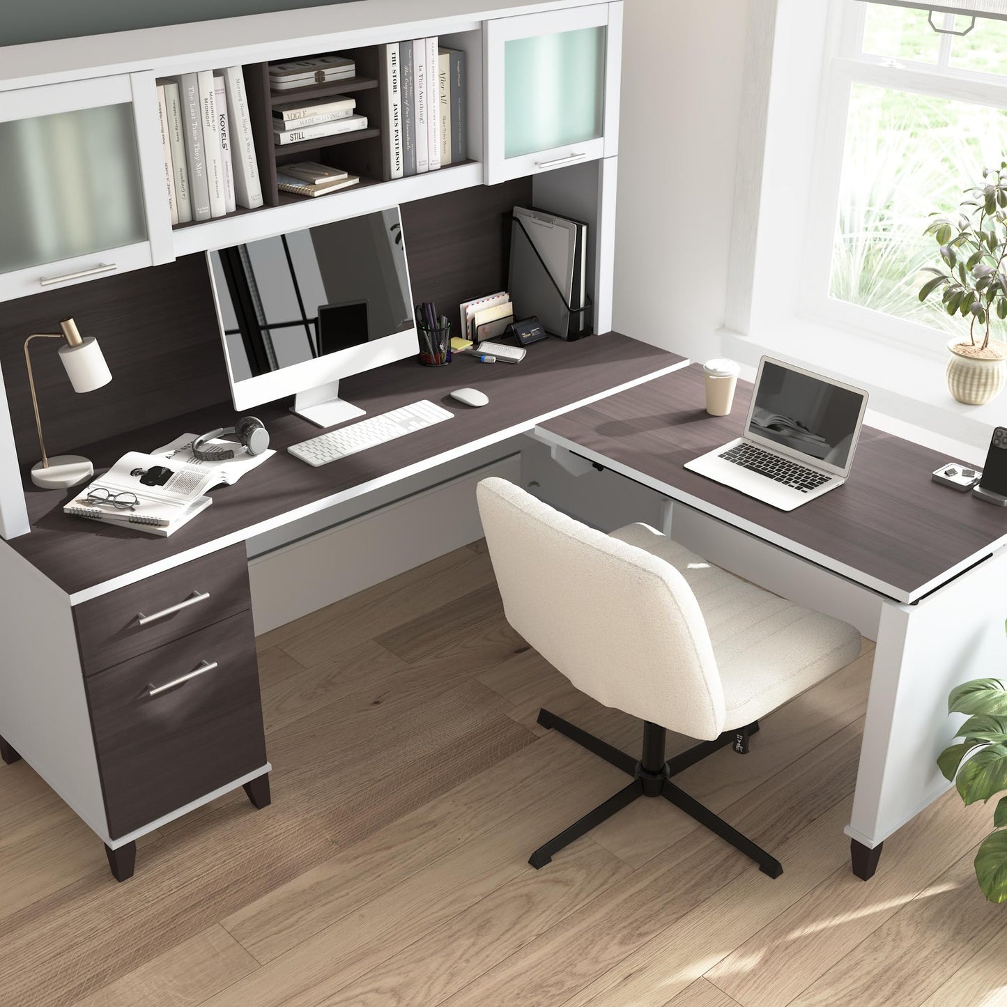 Bush Home 72-Inch L-Shaped Sit to Stand Desk with Hutch, Adjustable Height Standing Corner Computer Desk with Drawers, Shelves, Storage Cabinet, Home Office, Somerset Collection, Storm Gray and White