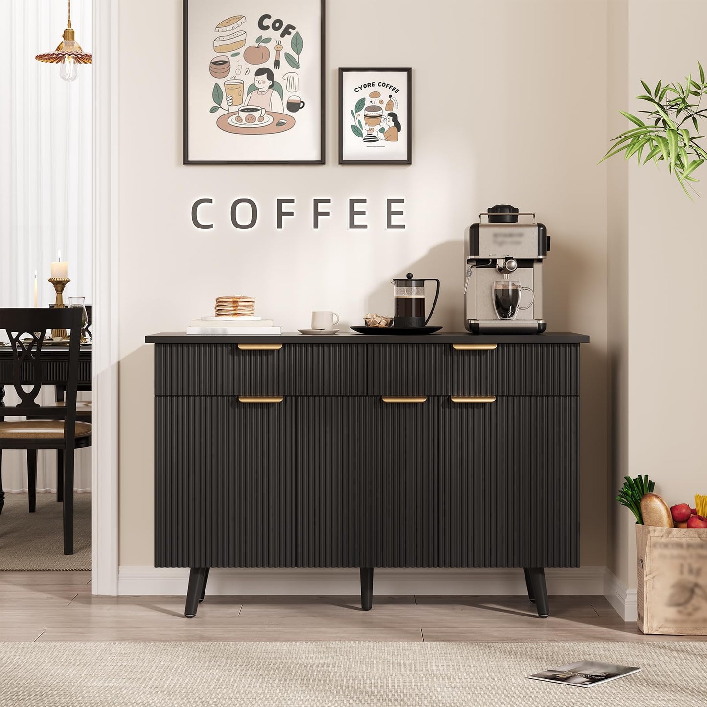 IDEALHOUSE 47" Buffet Sideboard with Storage and Adjustable Shelves, Modern Fluted Kitchen Storage Cabinet, 2 Drawers, 3 Doors, Wood Coffee Bar Cabinet Buffet Table for Kitchen, Dining Room- Black
