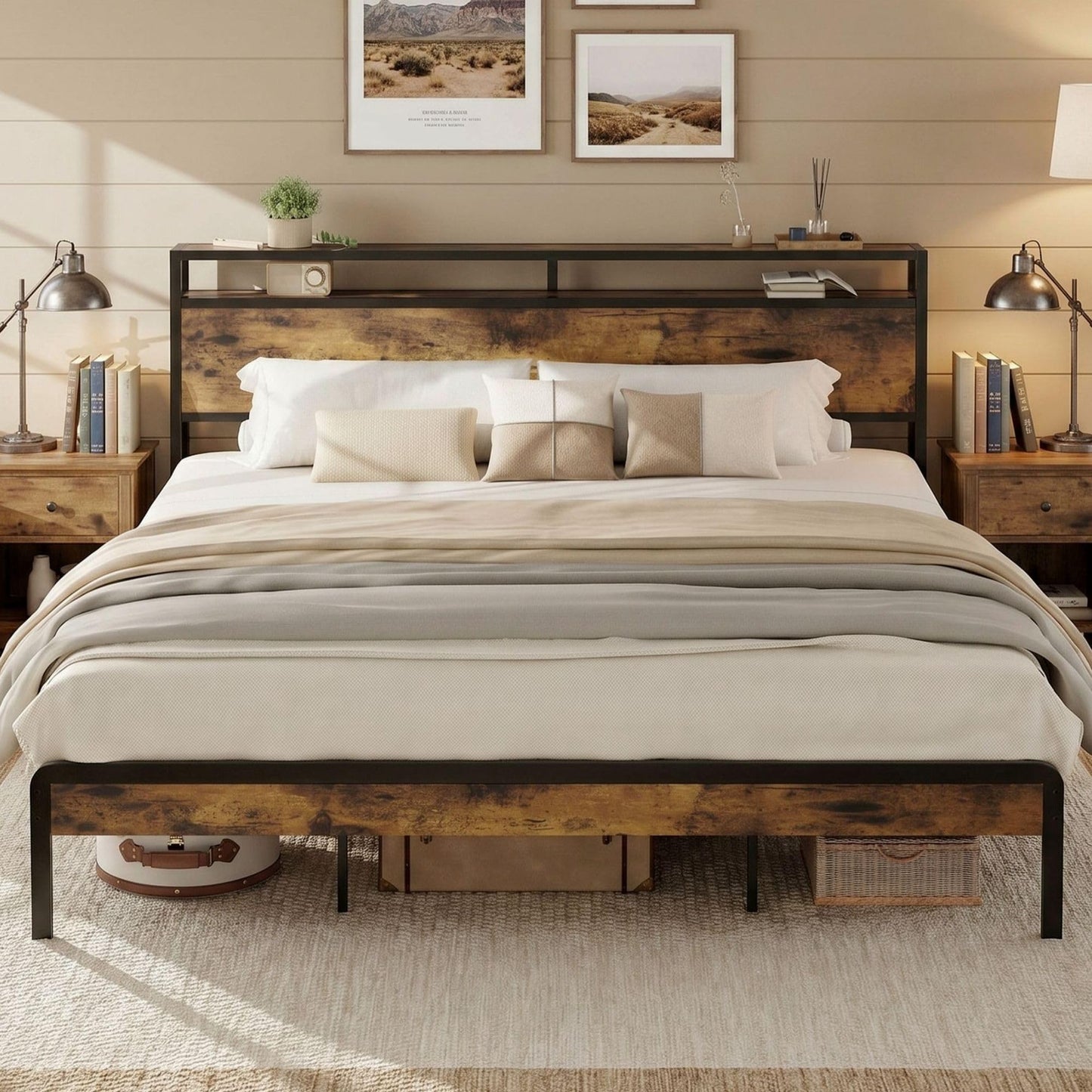 LIKIMIO California King Size Bed Frame, Platform Bed with 2-Tier Storage Headboard, Solid and Stable, Noise Free, No Box Spring Needed, Easy Assembly, Industrial Brown