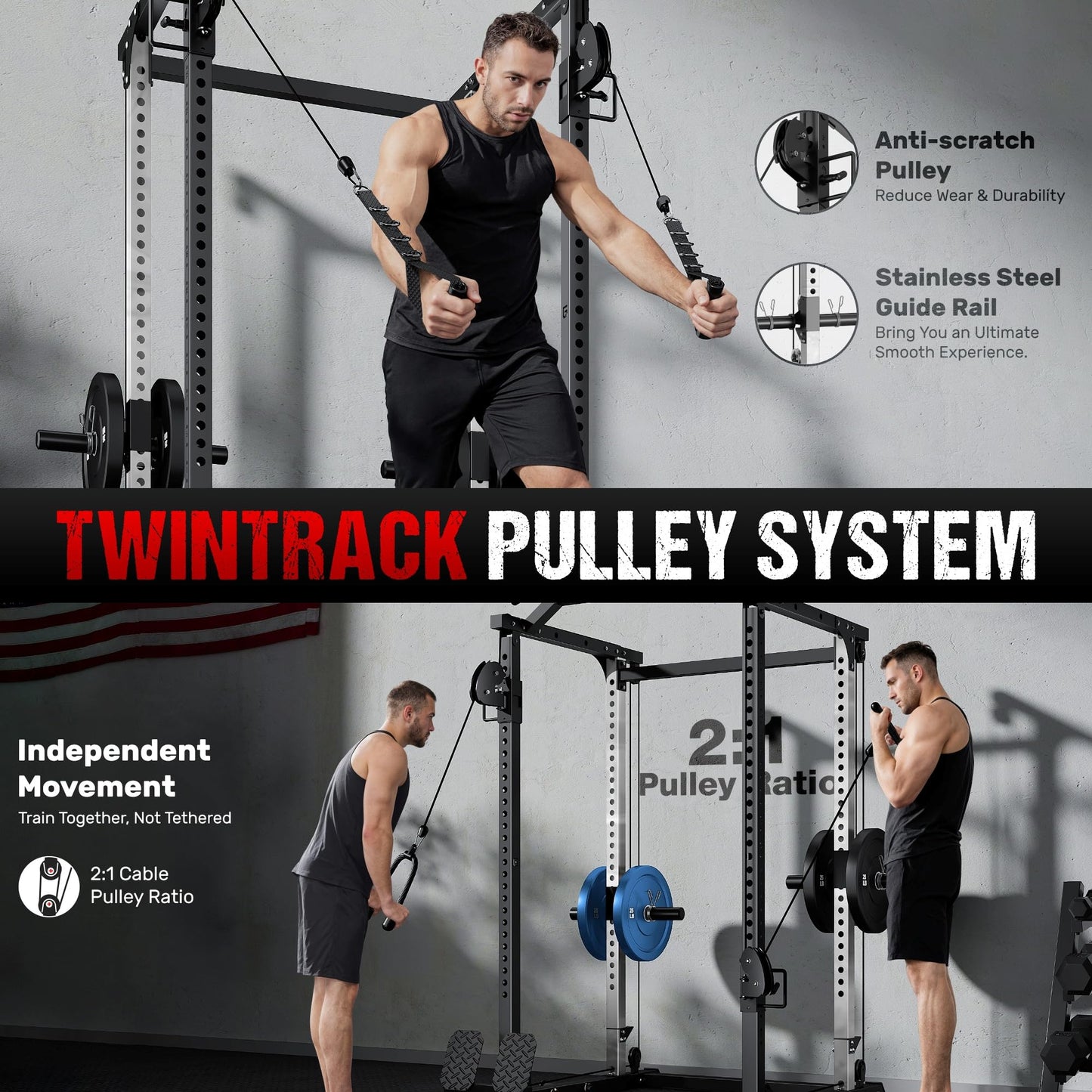 GOIMU DP01 Power Cage, 2000LBS Squat Rack with Cable Crossover and Dual Independent Pulley System, Full Cage for Full Body Training, Power Rack with More Training Attachments for Home Gym(Black)