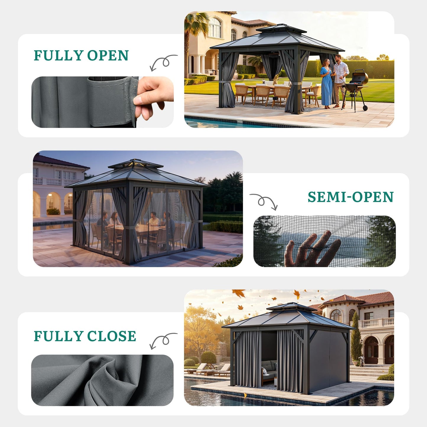 YITAHOME 10X10FT Polycarbonate Hardtop Gazebo Outdoor Patio Double Top Canopy Galvanized Iron Metal Column Garden Tent Curtains Netting for Backyards Decks Lawns,Gray