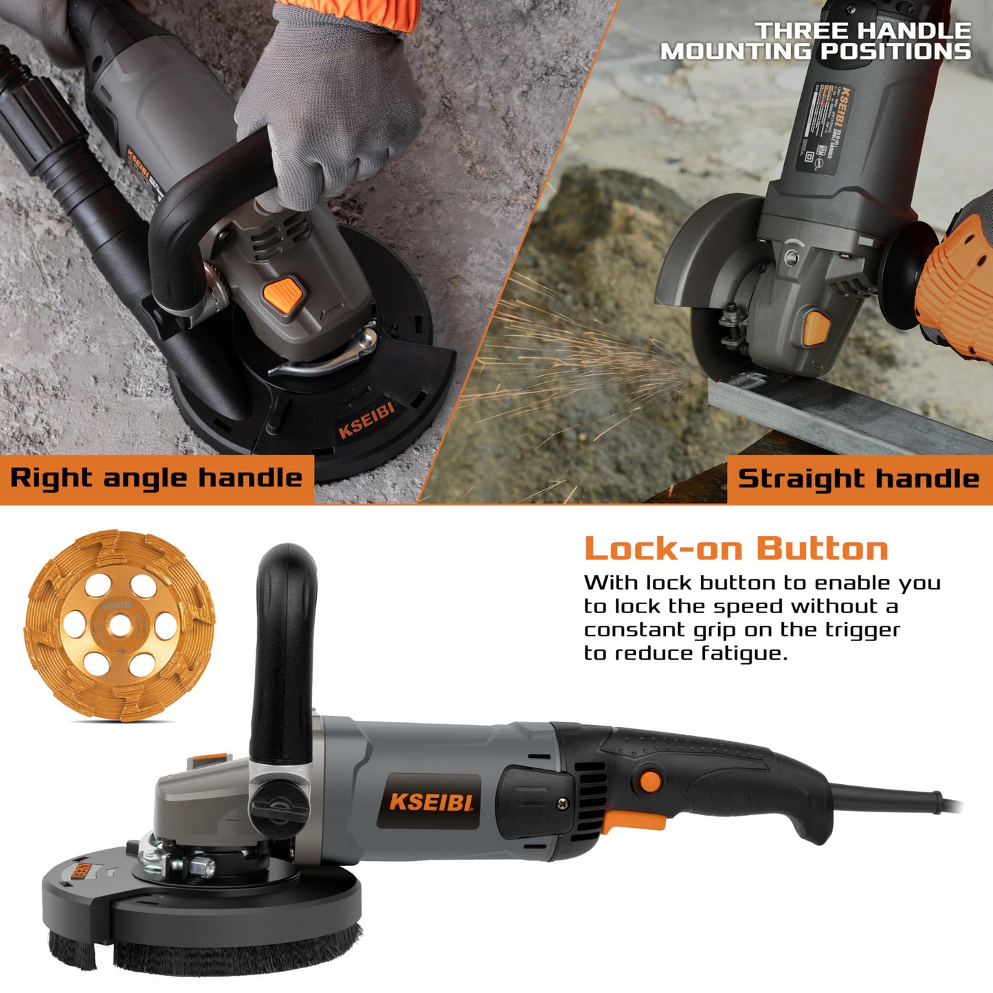 KSEIBI 5-Inch Concrete Angle Grinder, 11.5A 1400W Corded Surface Grinder Kit with Dust Shroud & Diamond Cup Wheel, 8500 RPM Pure-Copper Motor for Cutting Grinding Metal Concrete Brick Tile