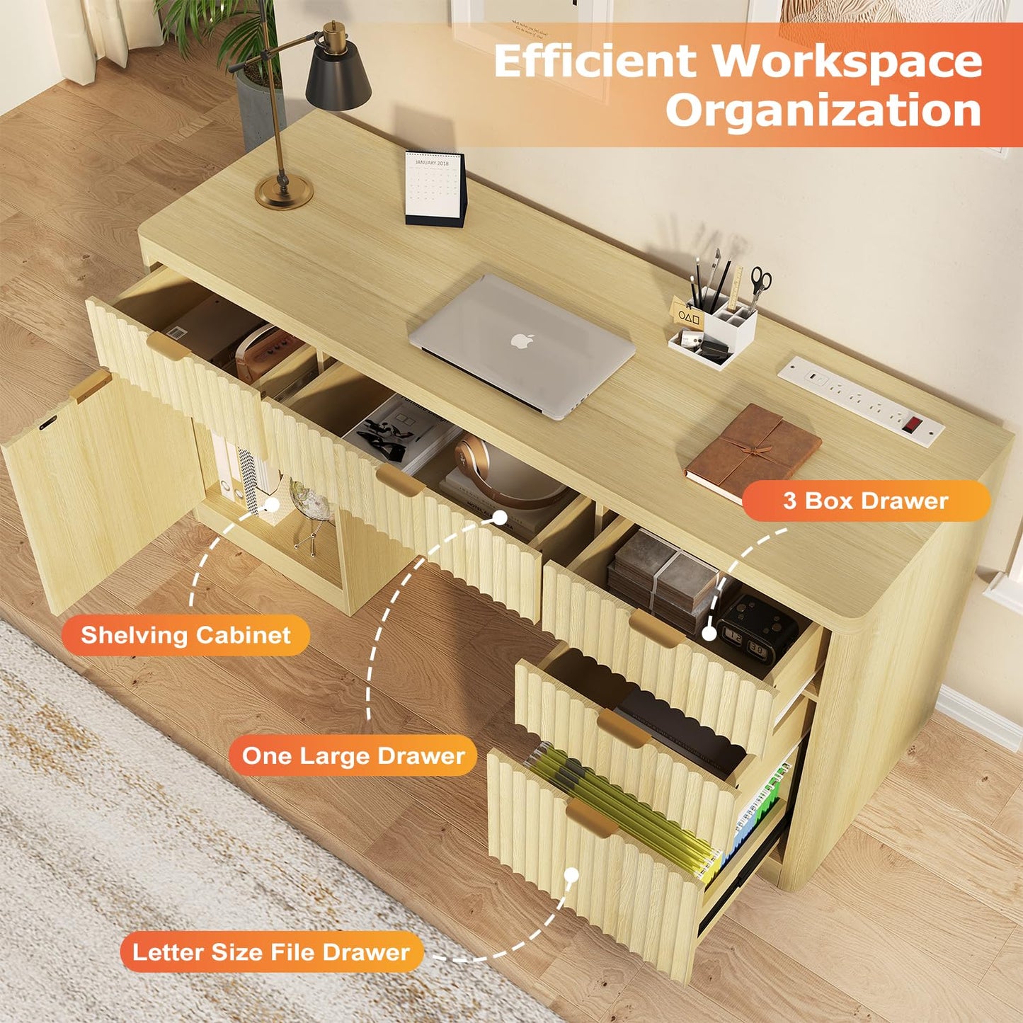 knoworld Fluted Executive Desk with Charging Station, 58" Wood Home Office Desk with 4 Drawers, 1 File Cabinet, 1 Storage Cabinet, Modern Writing Desk for Work, Living Room, Bedroom (Natural)