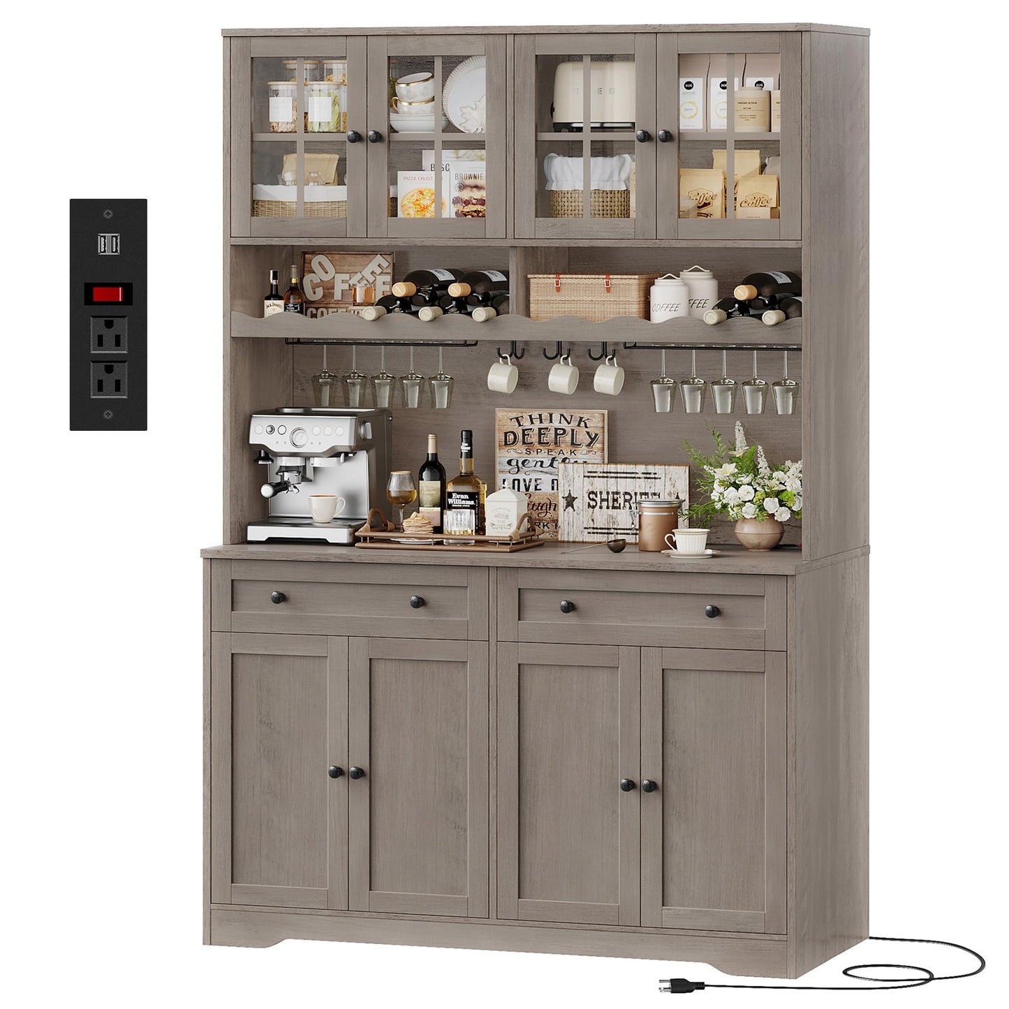 HOSTACK 75.4" Tall Kitchen Pantry Cabinet with Charging Station, Modern White Kitchen Hutch with Microwave Stand and Wine Rack, Large Food Pantry Storage Cabinet with Glass Doors and Drawers, Ash Gray