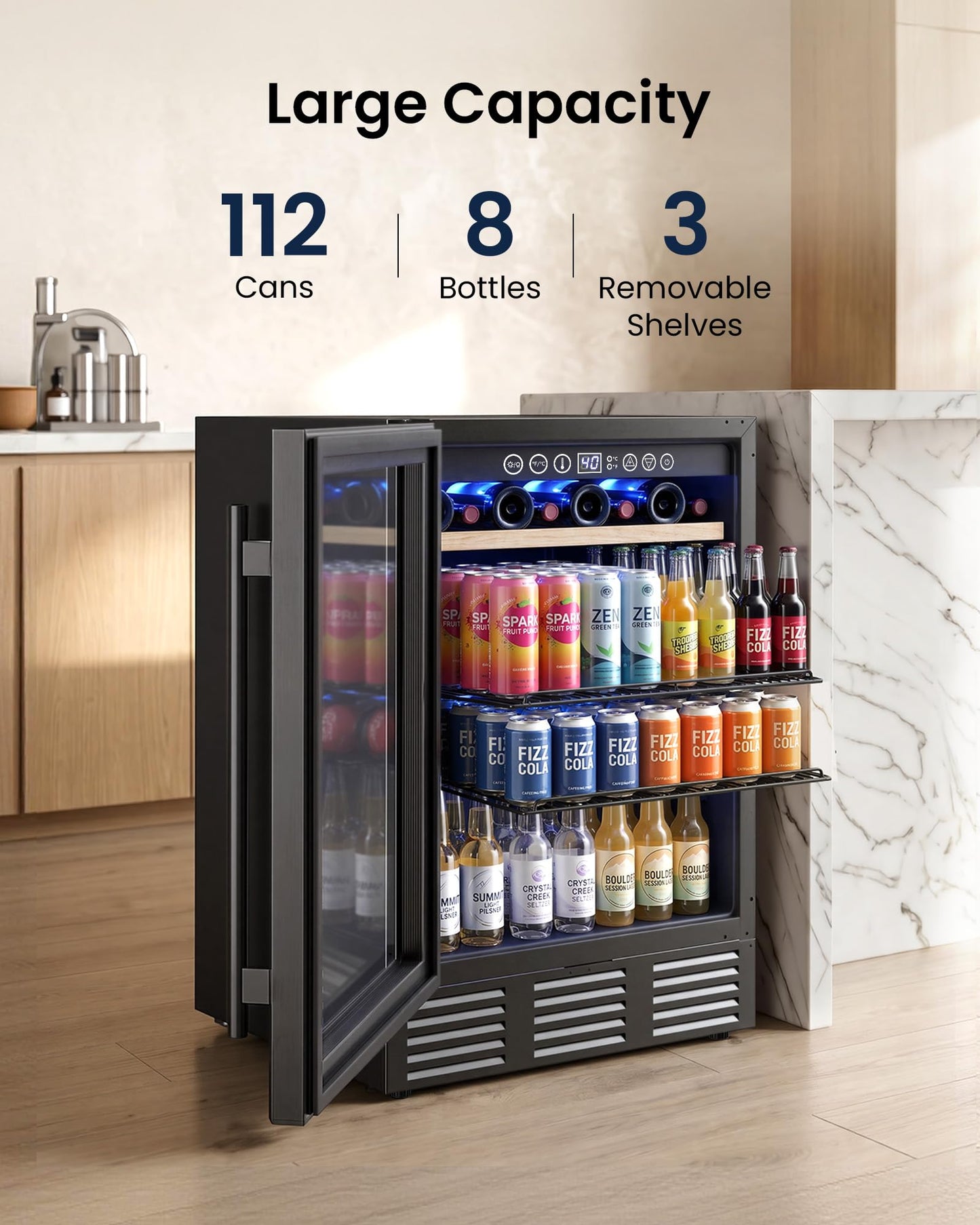 ICEVIVAL 24 In Beverage Refrigerator, 112 Cans & 8 Bottles Wine Fridge with Double-Layer Glass Door, Built-In or Freestanding Wine and Beverage Refrigerator, Under Counter Fridge for Home/Bar/Cafe