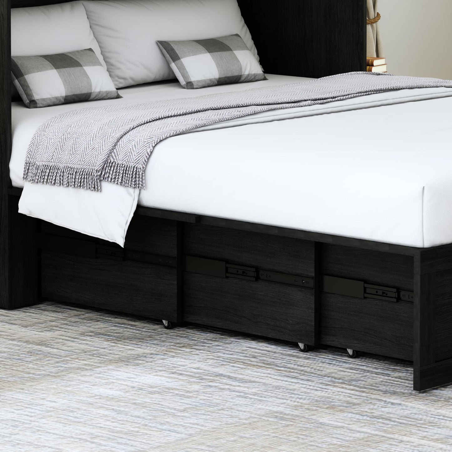 Bvldfamly Full Murphy Bed with Charging Station, Farmhouse Noisy-Free Foldable Cabinet Bed Frame with Storage Drawer, Space Saving Hideaway Wall Bed for Guest Bedroom, Living Room, Office, Black