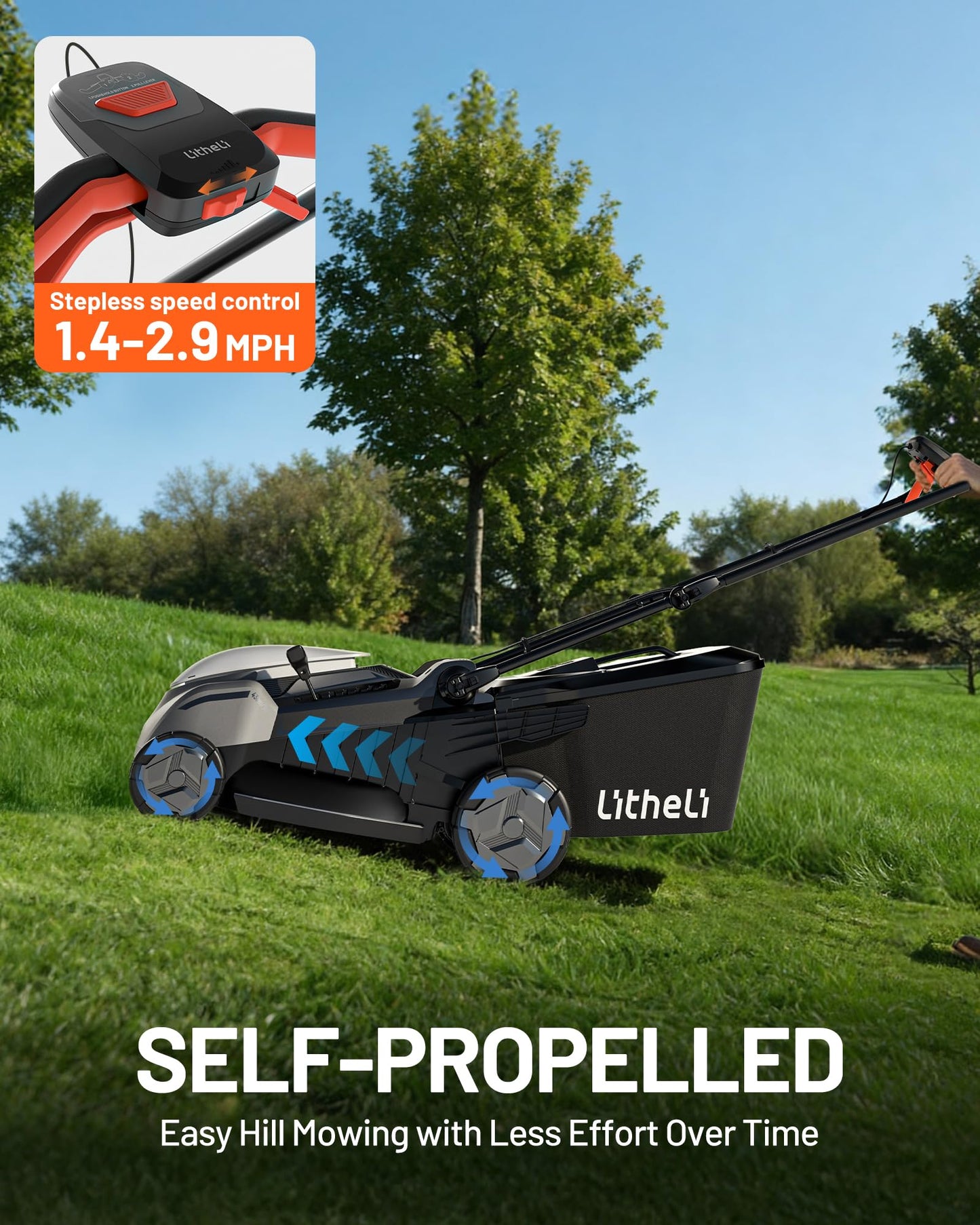 Litheli Self-Propelled Electric Lawn Mower 18", Battery Powered Mower(2 x 5.0Ah)