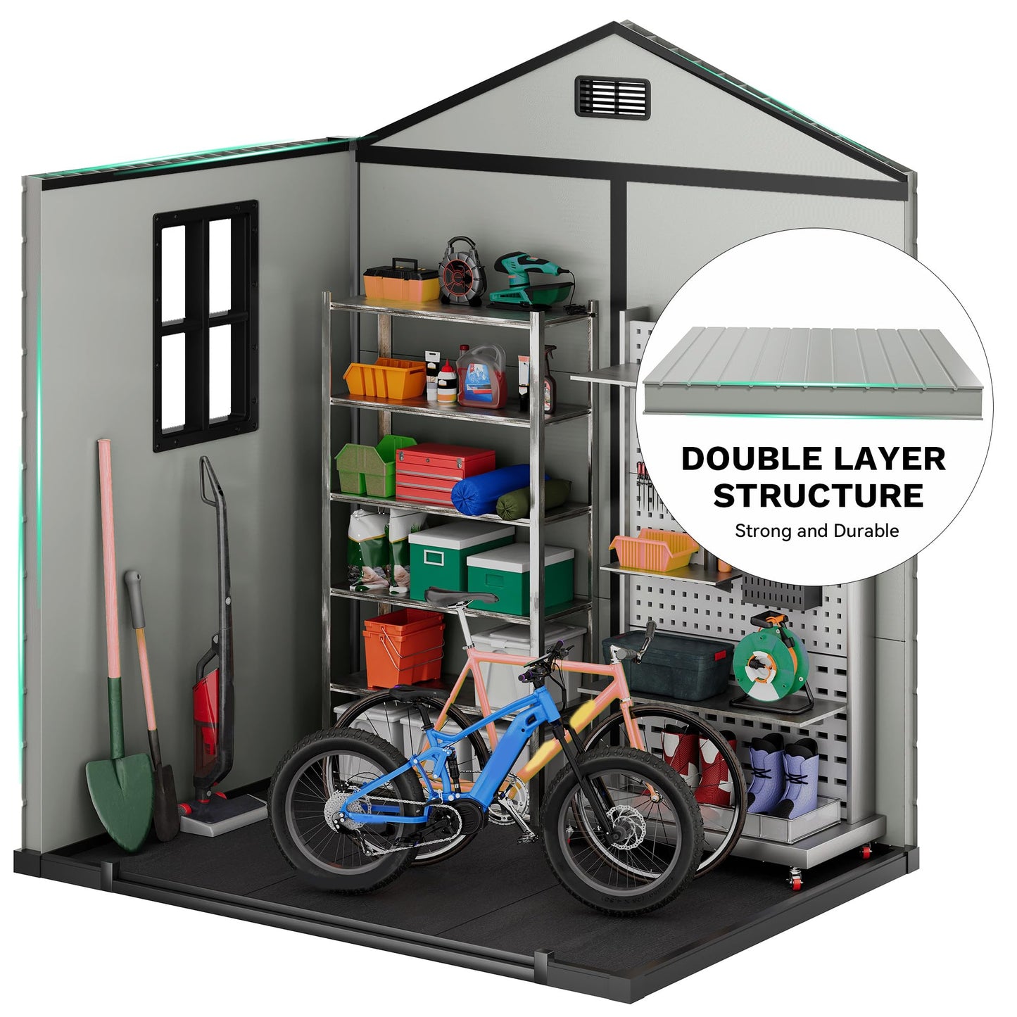 DWVO 6x4.4 FT Resin Storage Shed with Fence-Style and Side Windows, Lockable Door, and Vents for Garden, Backyard, Patio, Lawn, Blue-Gray