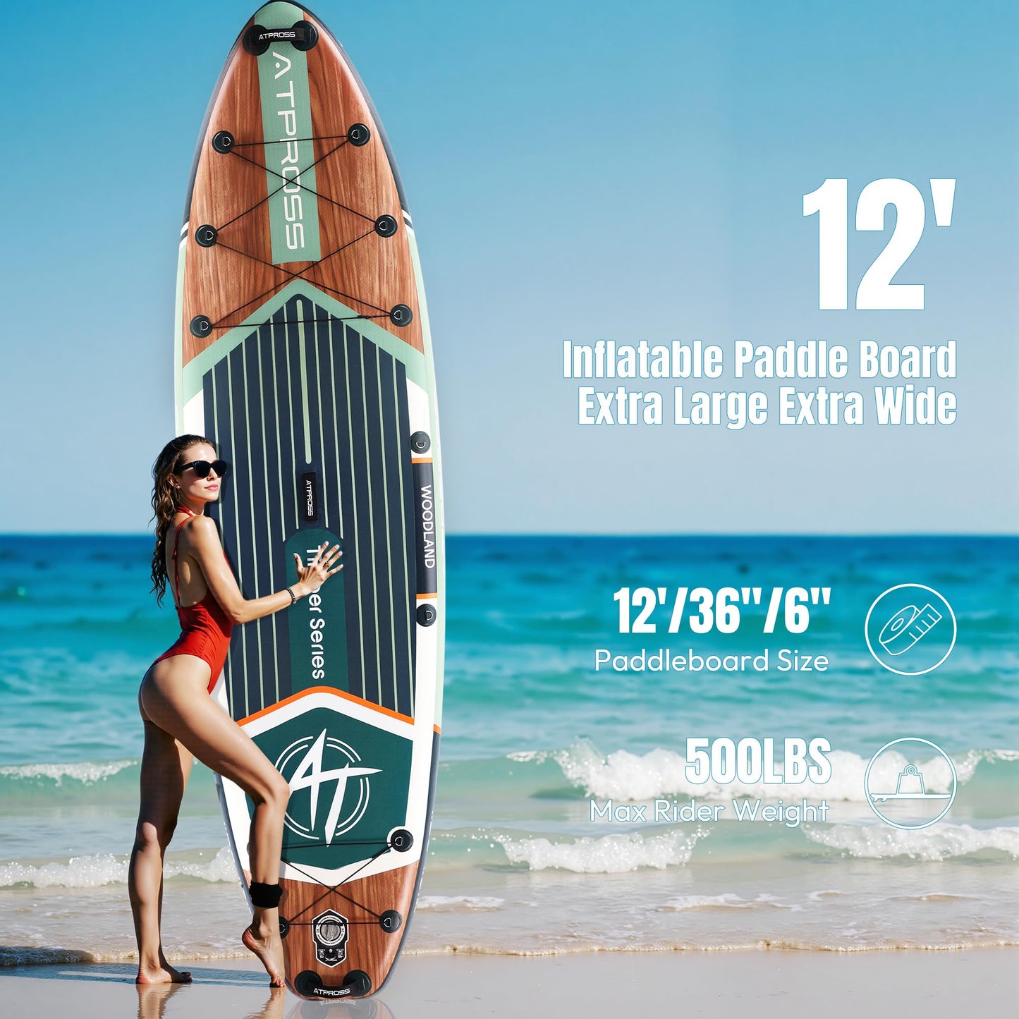 ATPROSS 12'x36 Inflatable Paddle Board, 500lbs Extra Wide Stand Up Paddleboard for Adults with Premium SUP Accessories Kit & Backpack, Blow Up Kayak Non-Slip Stable Deck Boat for Yoga Fishing Surf