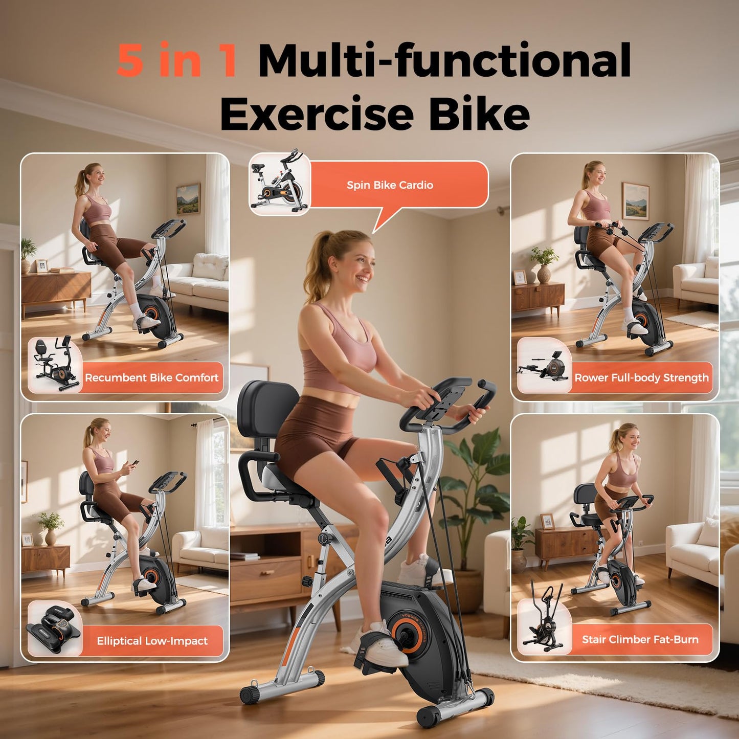 YOSUDA Folding Exercise Bike - 5 IN 1 Foldable Stationary Bike for Home Gym Workout, Upgraded Indoor Cycling Bikes with 6.6 LBS Flywheel, 380 LBS Capacity and 16-Level Magnetic Resistance, Back Support Cushion