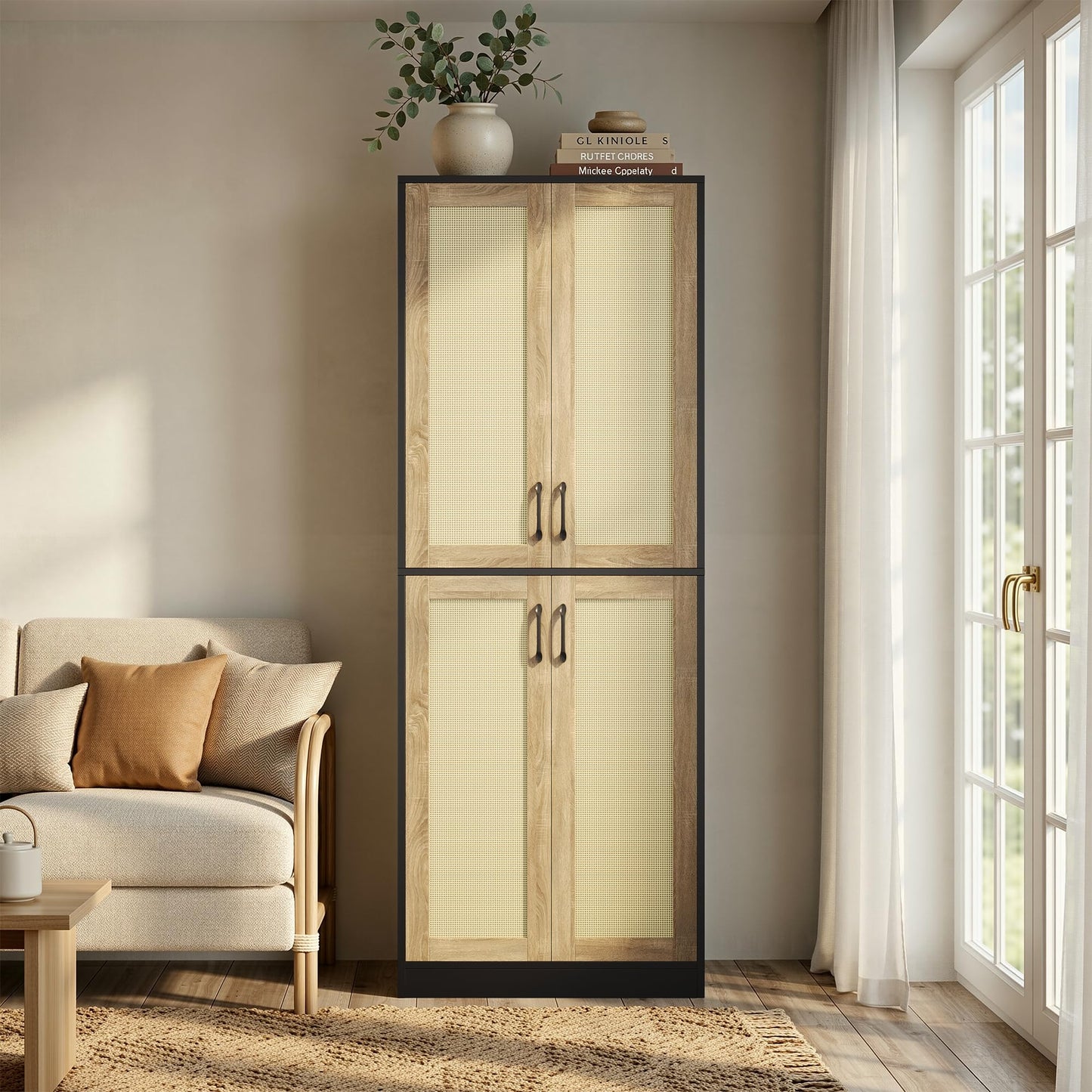 JASIWAY Rattan Pantry Cabinet, 67" Tall Kitchen Storage Cabinet with Doors