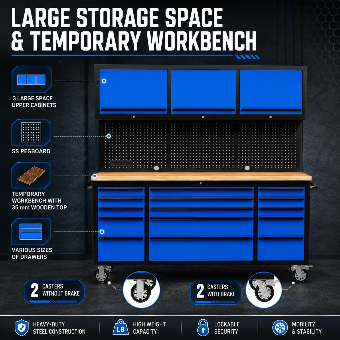 CHETTO C 72 inch Tool Chest Tool Box Mobile 15 Drawer Storage 3 Upper Cabinet Power Outlet SS-Pegboard with Wheels Lock Key Locking System Drawer Liners for Garage Warehouse Repair Shop