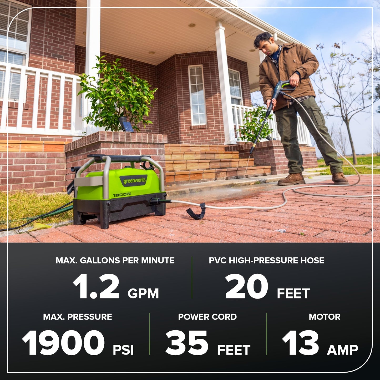 Greenworks 1900 PSI (1.2 GPM Max) Electric Pressure Washer (25°, 40°, Turbo Nozzle, Soap Applicator) Ideal for Cleaning Cars, Trucks, Boats, Outdoor Patio Furniture, Decks, and Windows
